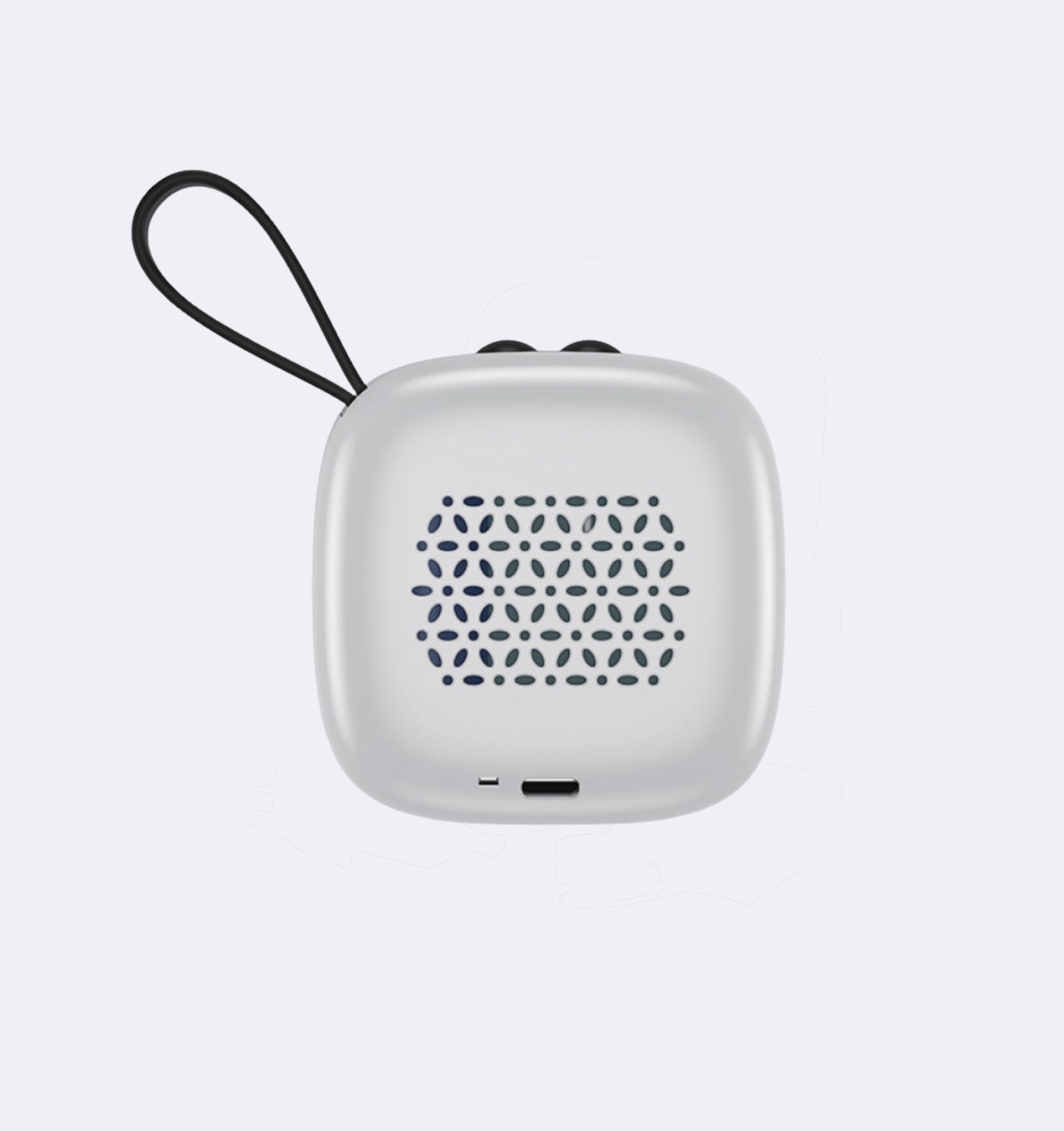 Small white portable speaker with a black pattern on a light gray background
