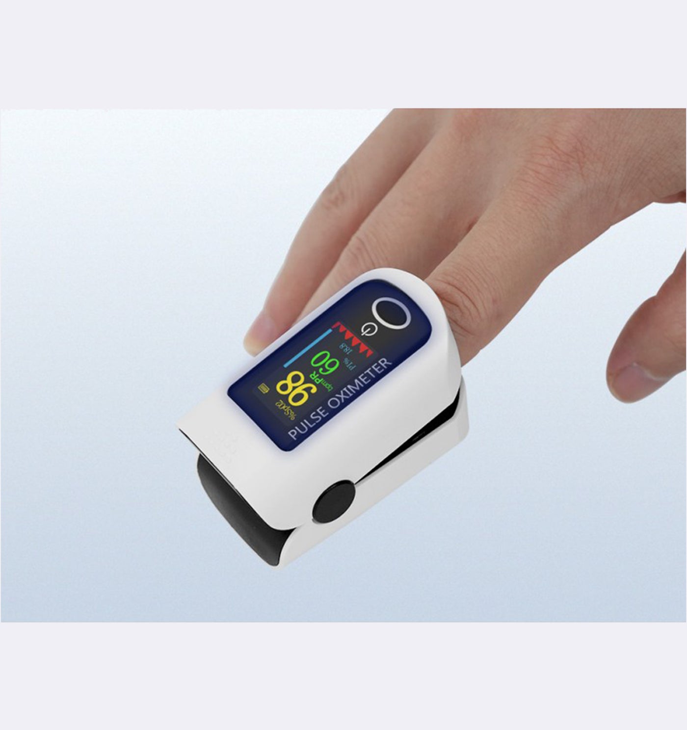 Finger pulse oximeter on a light blue background