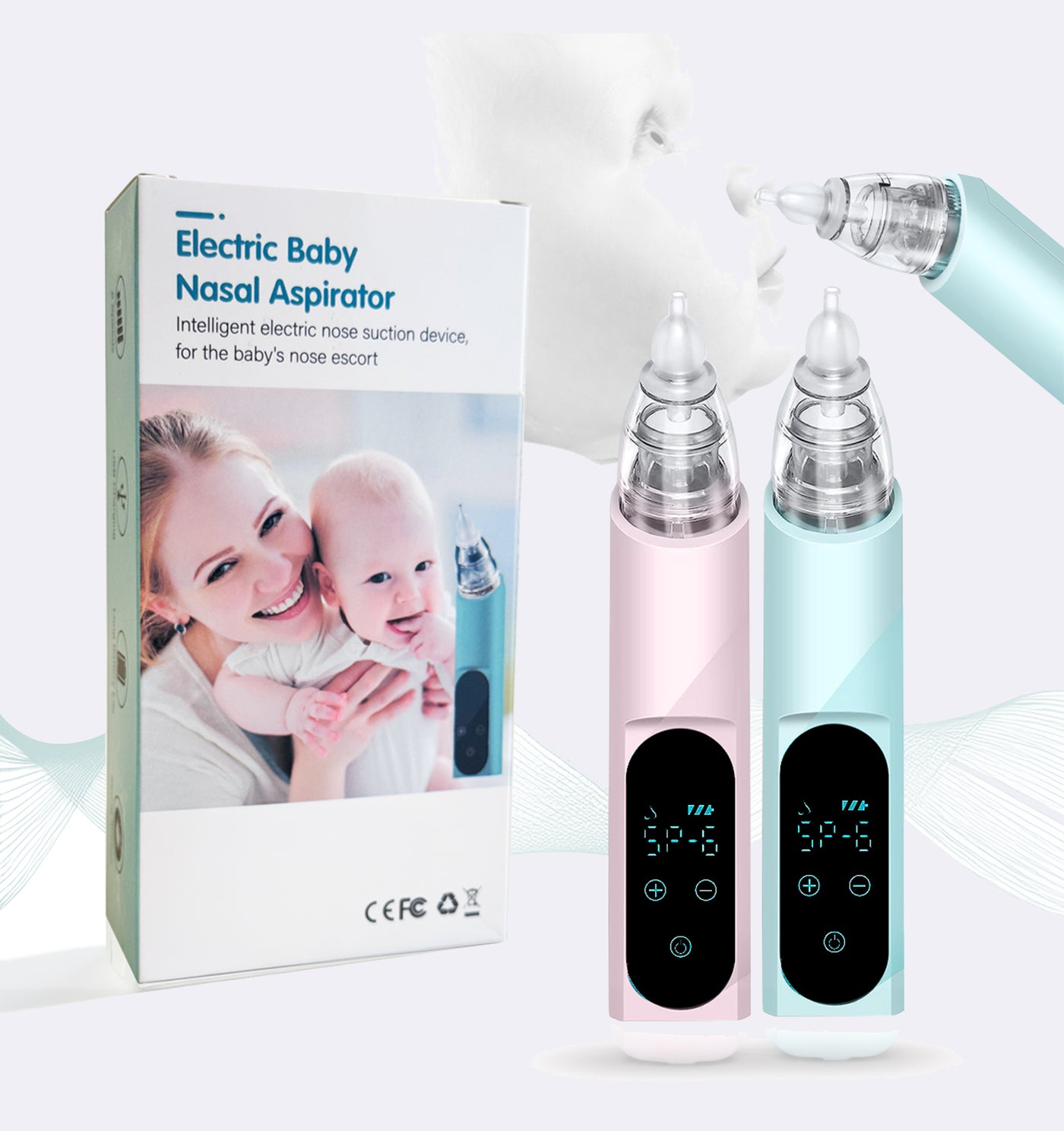 Electric baby nasal aspirator with packaging on a white background