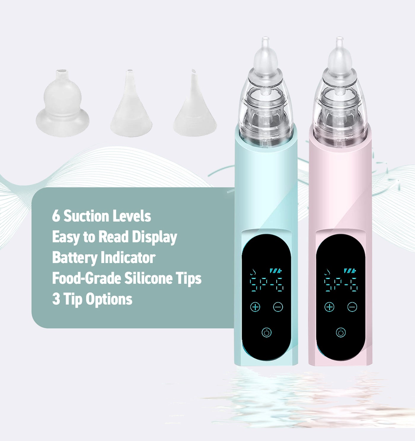Two nasal aspirators, one blue and one pink, with digital displays on a light gray background.