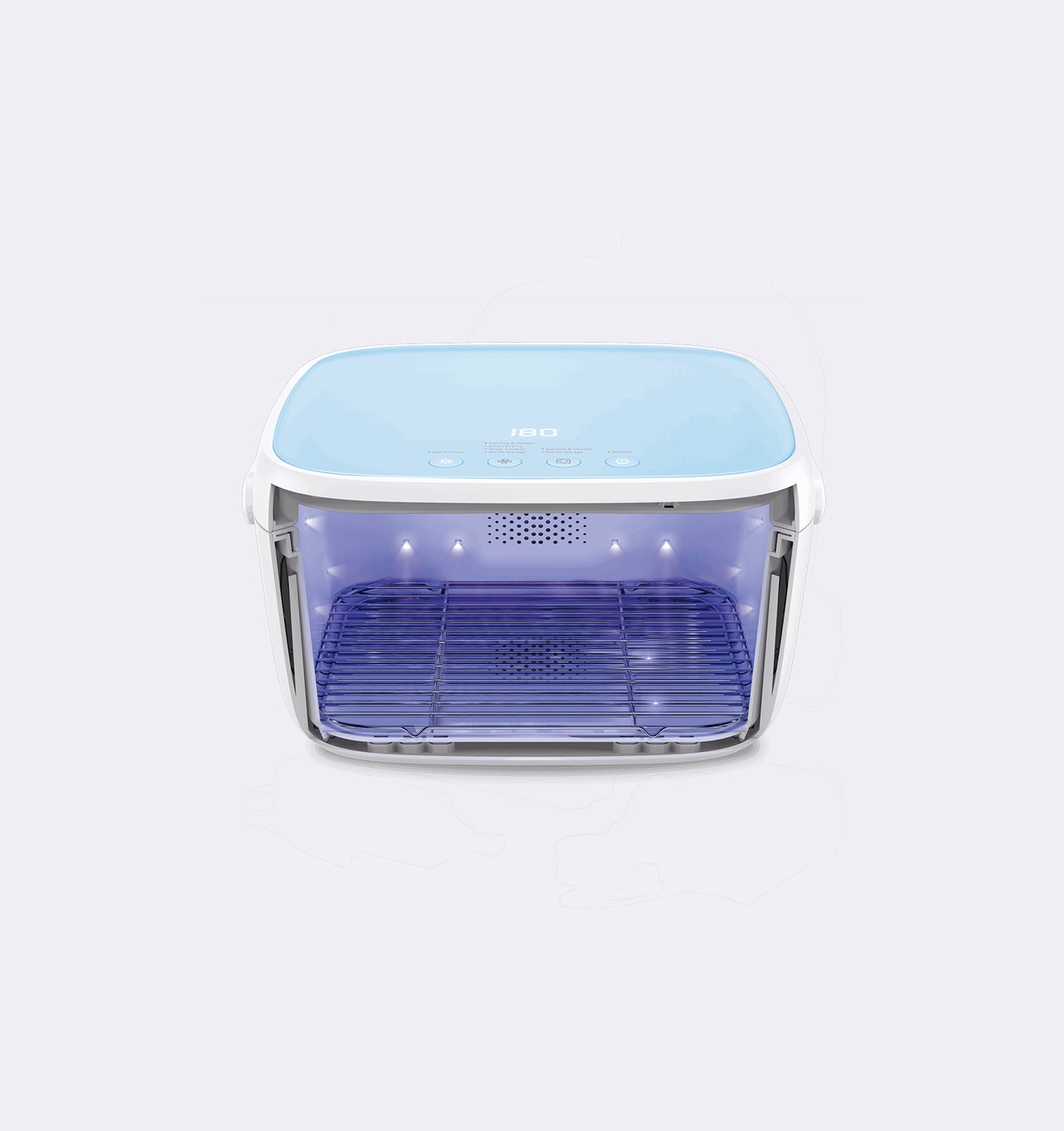 Small appliance with a blue top and clear base on a light gray background