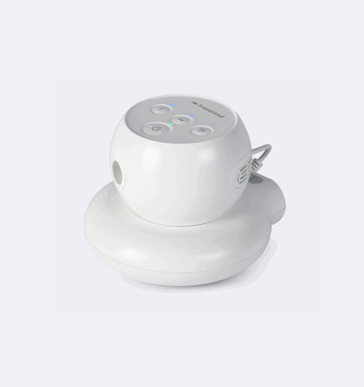 White electronic device with a charging dock on a light gray background