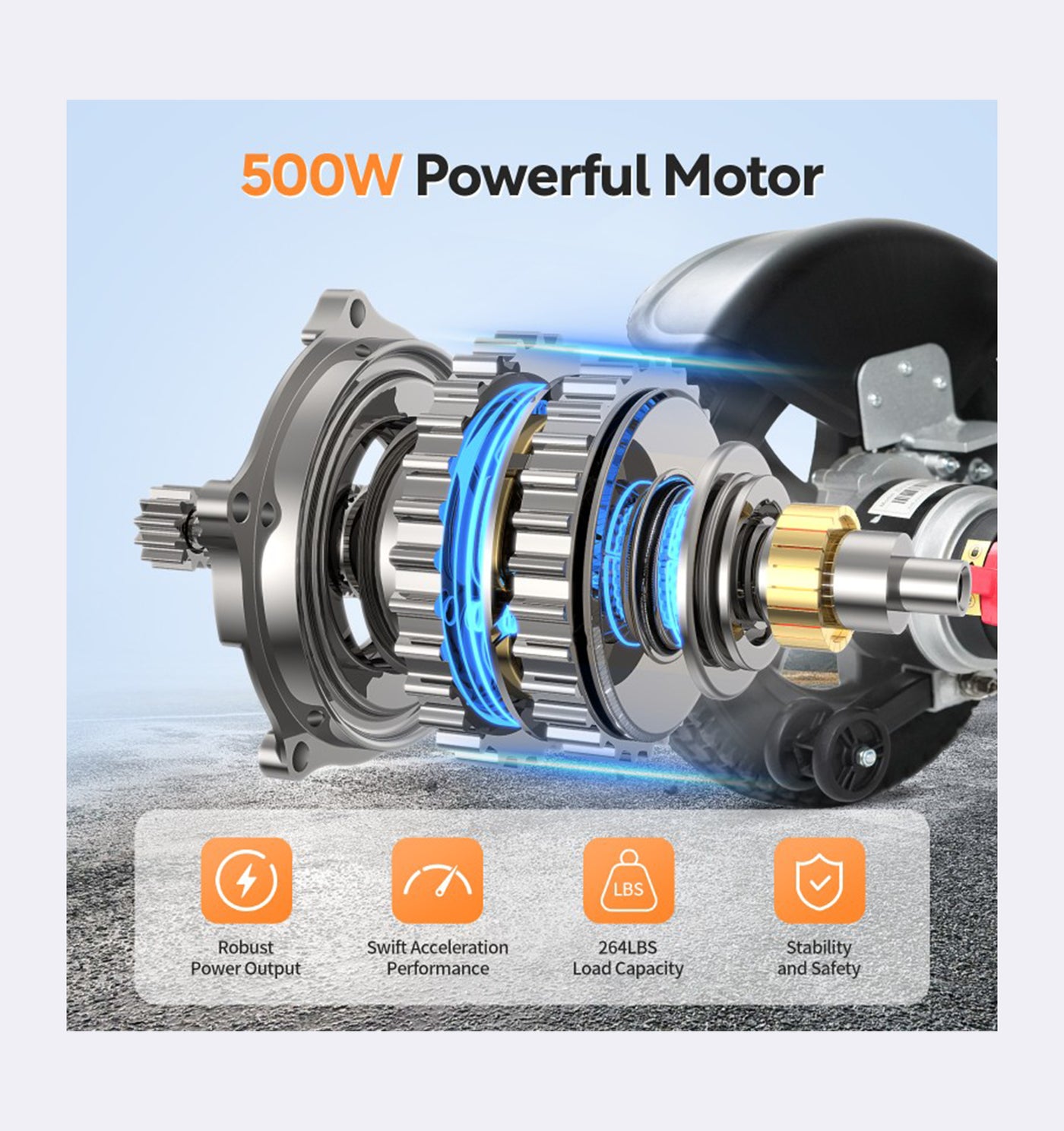 500W powerful motor with gear system on a light blue background