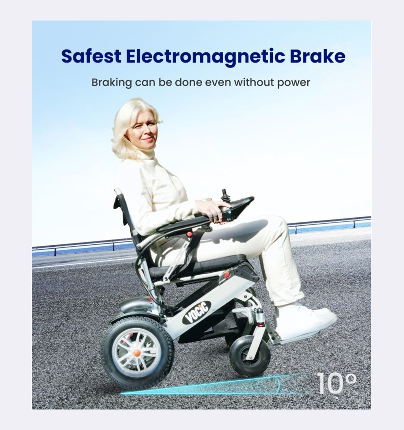 Person using a mobility scooter with a focus on the 'Safest Electromagnetic Brake' feature.
