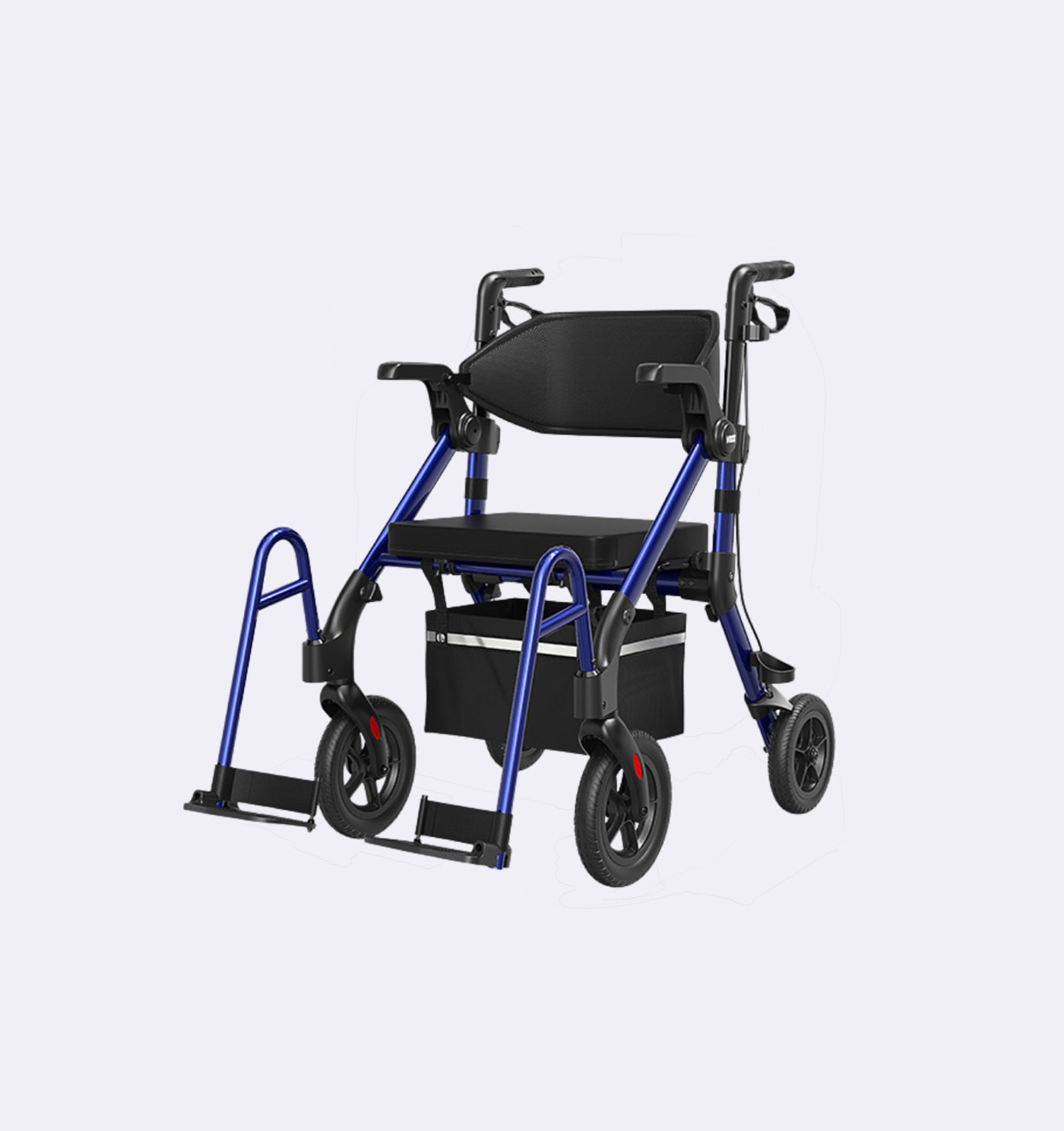 Blue and black rollator on a light gray background