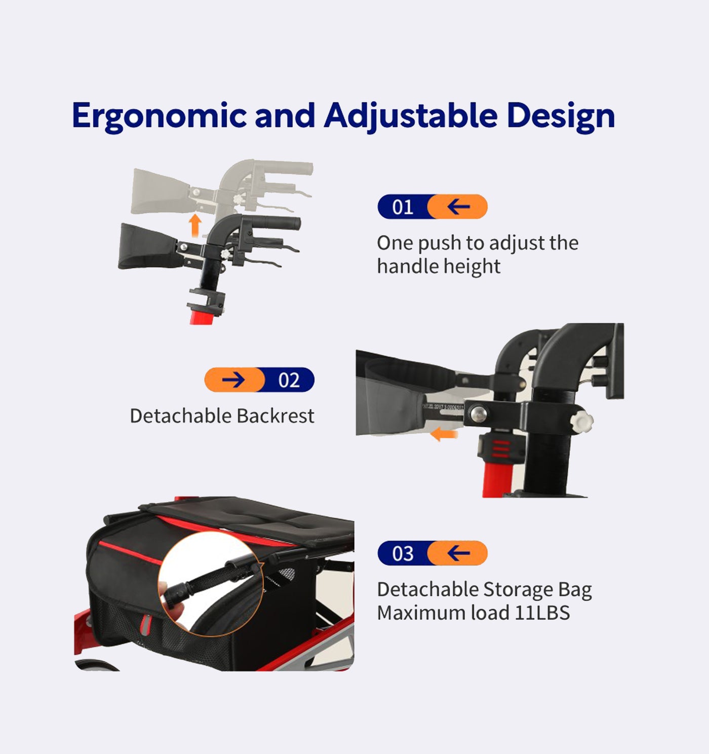 Ergonomic and adjustable design features with text and illustrations on a white background