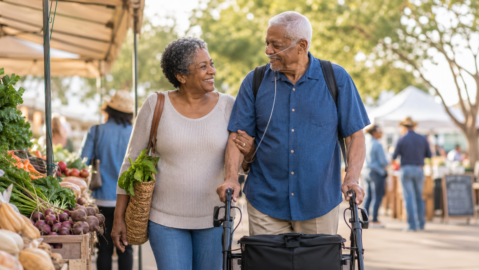 Older adult using a rollator walker during a daily outing with a loved one.