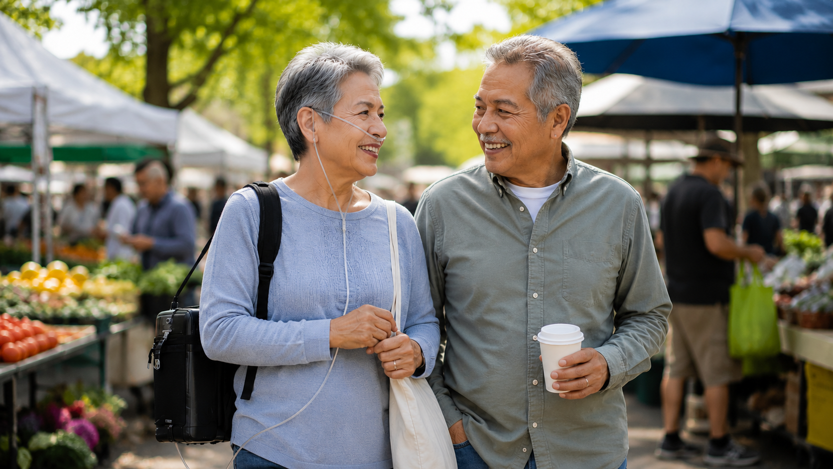 Older adult organizing oxygen concentrator supplies and replacement filters at home.