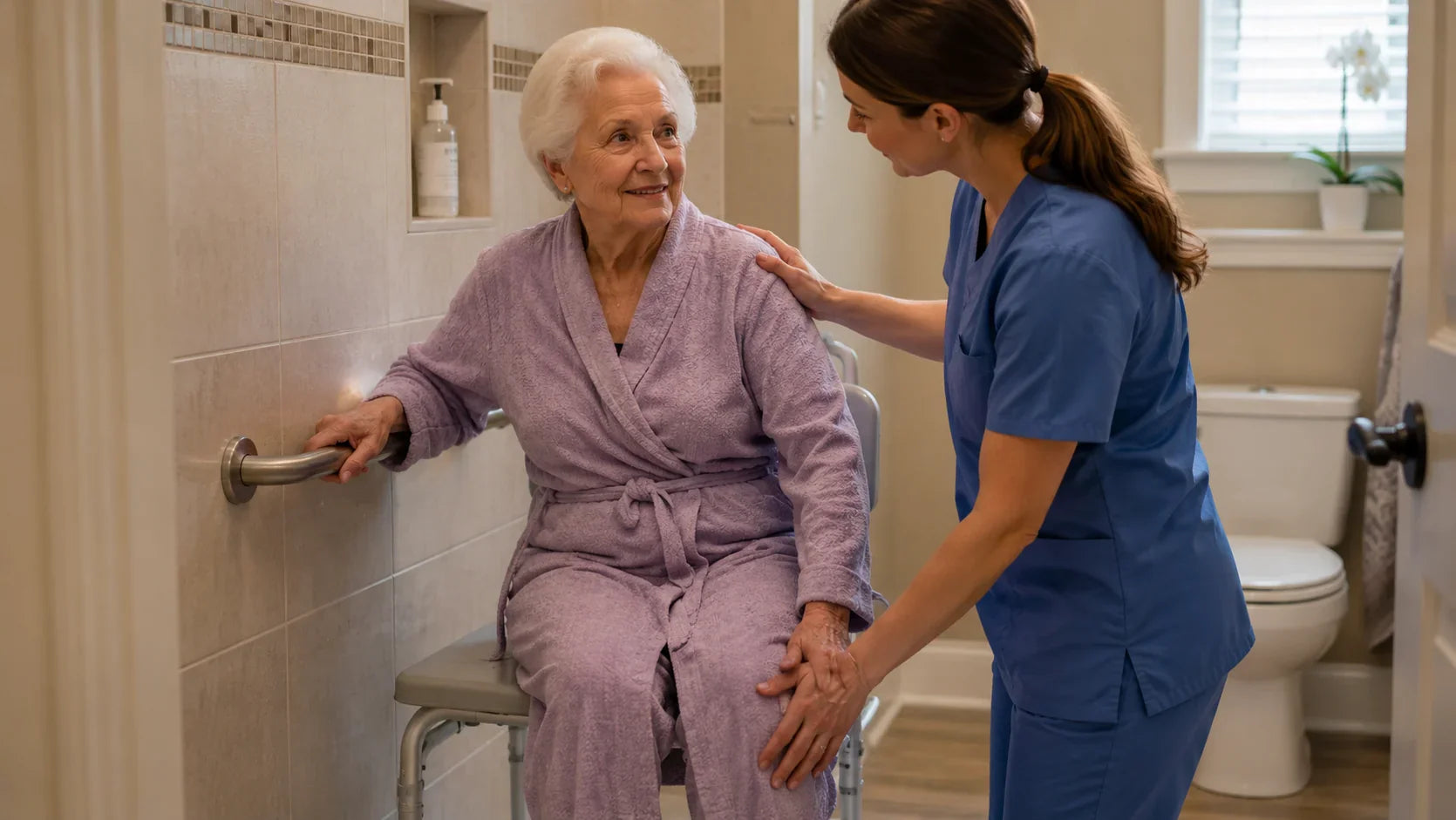 Older woman using a bathroom safety transfer bench and grab bar with assistance from a nurse in a safe, comfortable home bathroom.