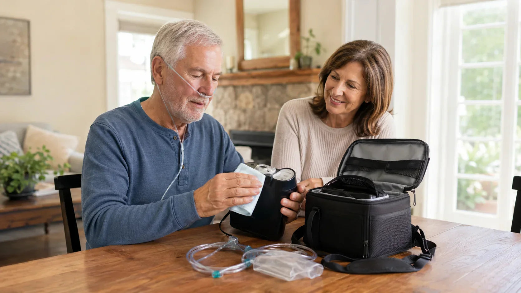 Older man wearing a nasal cannula while cleaning a portable oxygen concentrator at home with his wife nearby.