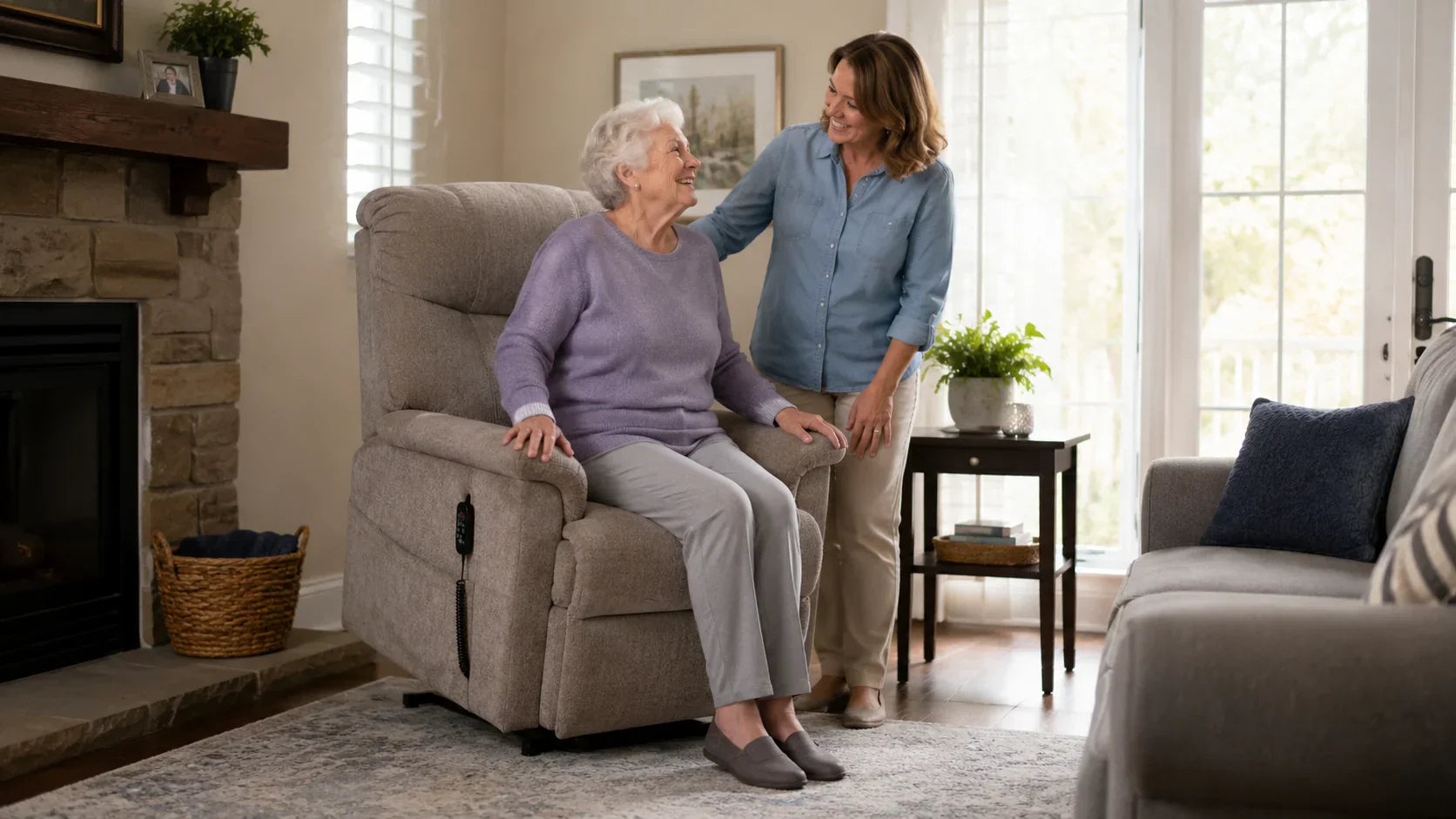 Senior woman sitting in a lift chair at home while a caregiver stands nearby offering support and reassurance.