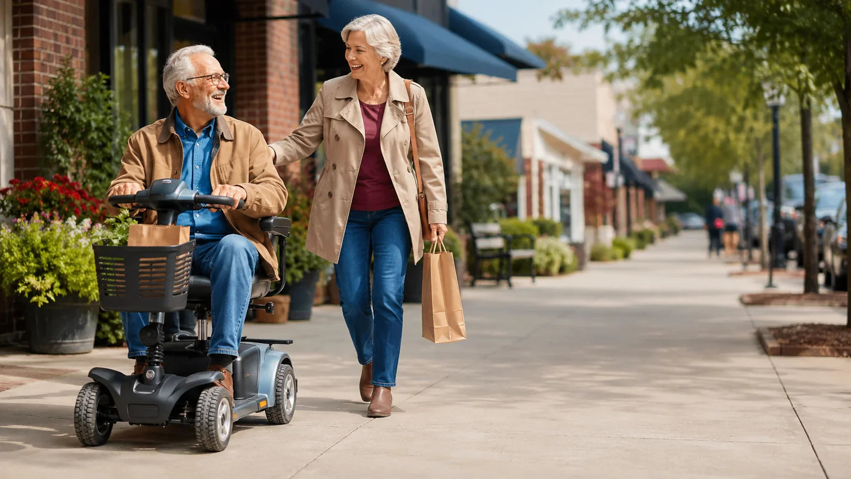 Older man using a mobility scooter while spending time with his wife in a sunny shopping district.