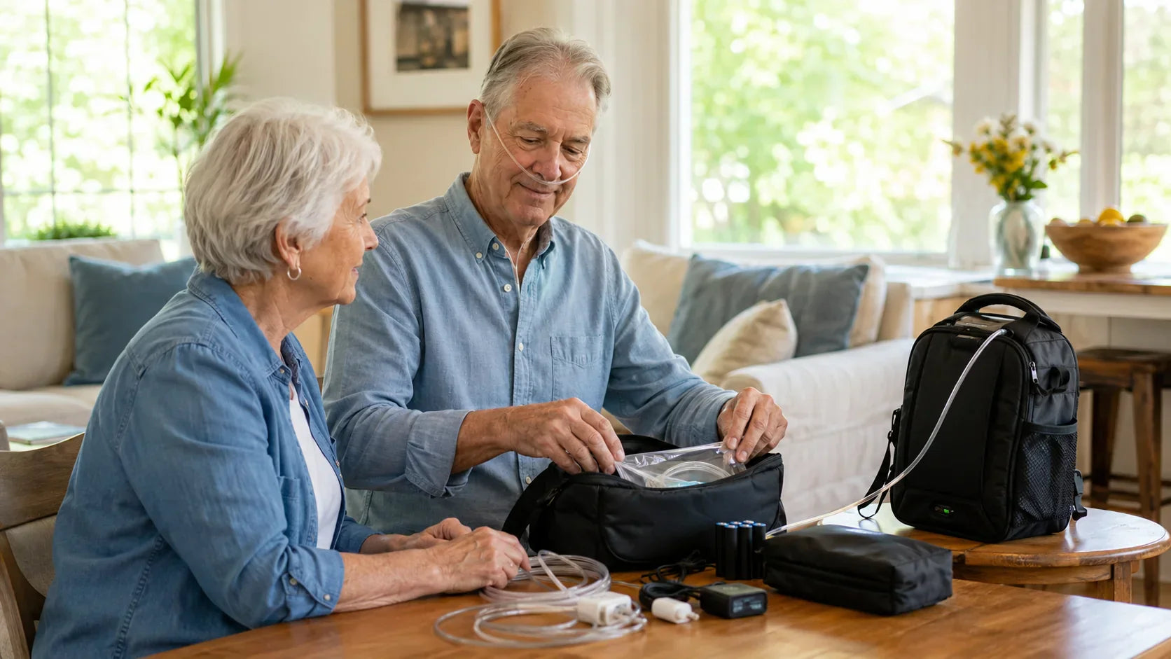Older man wearing a nasal cannula while organizing an oxygen therapy backup kit at home with his wife.