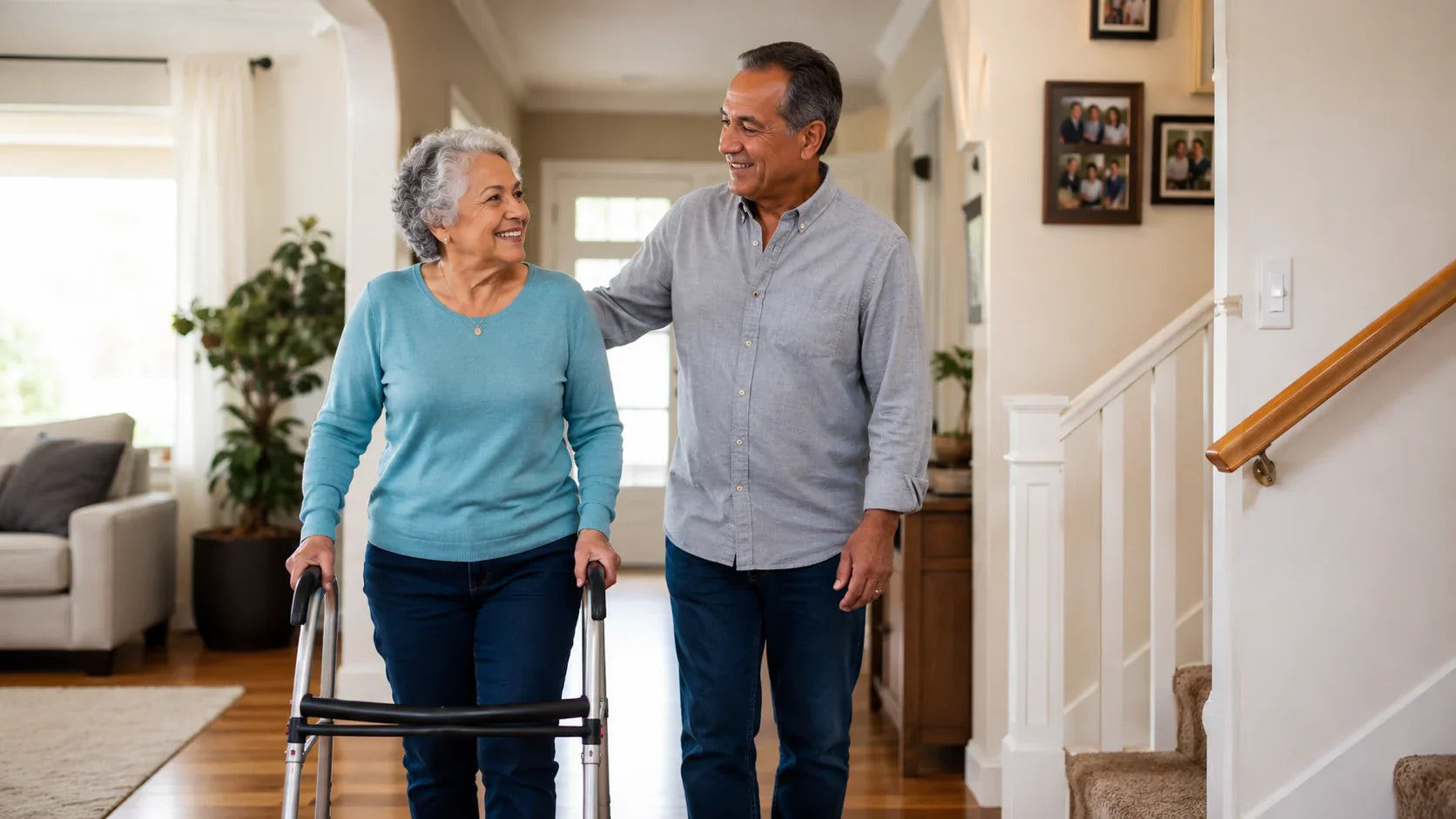 Senior woman using a walker at home while a loved one walks beside her for support near the stairs.