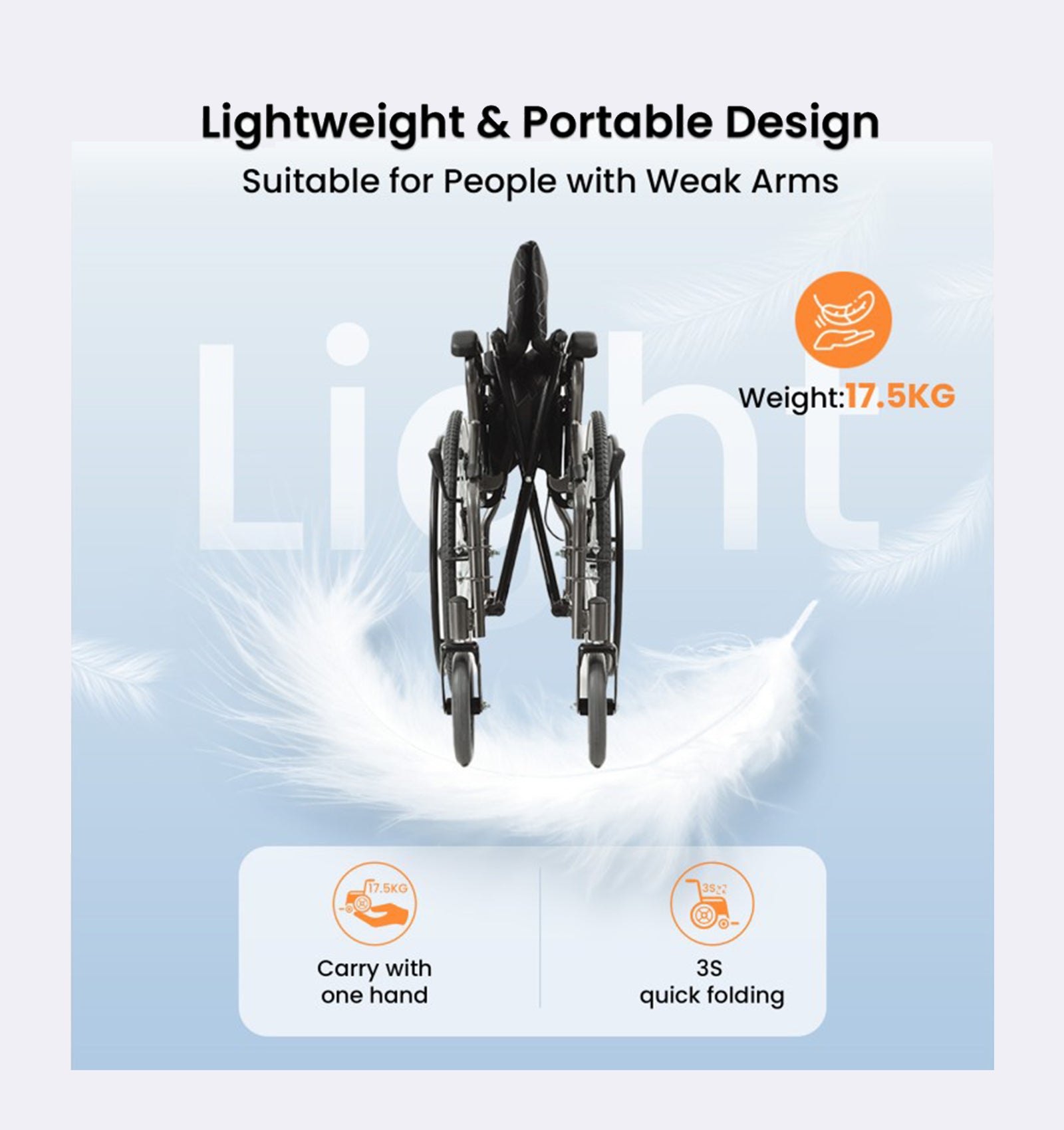 Lightweight and portable wheelchair with text highlighting features on a light blue background