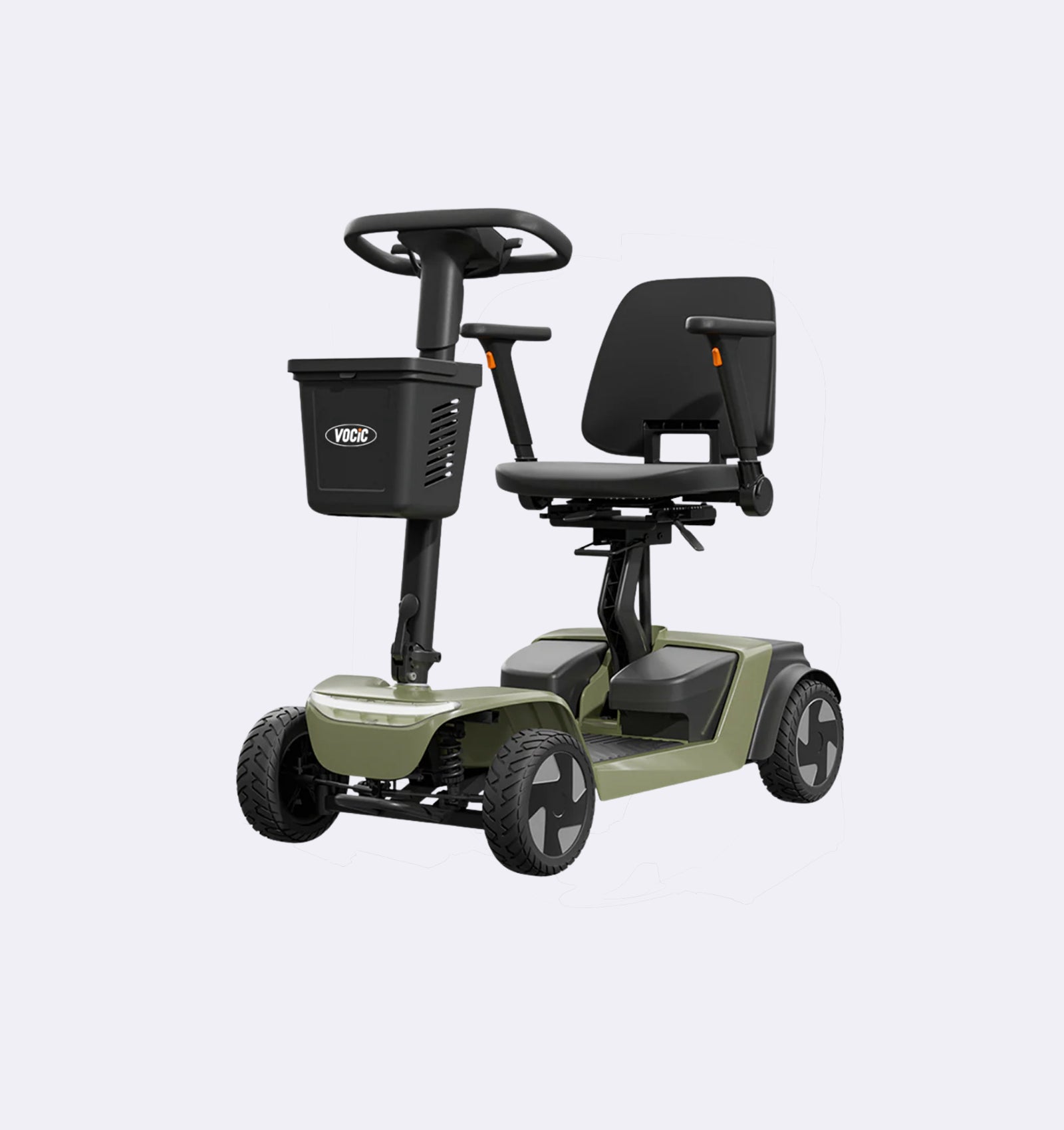Green mobility scooter with a seat and steering wheel on a light gray background