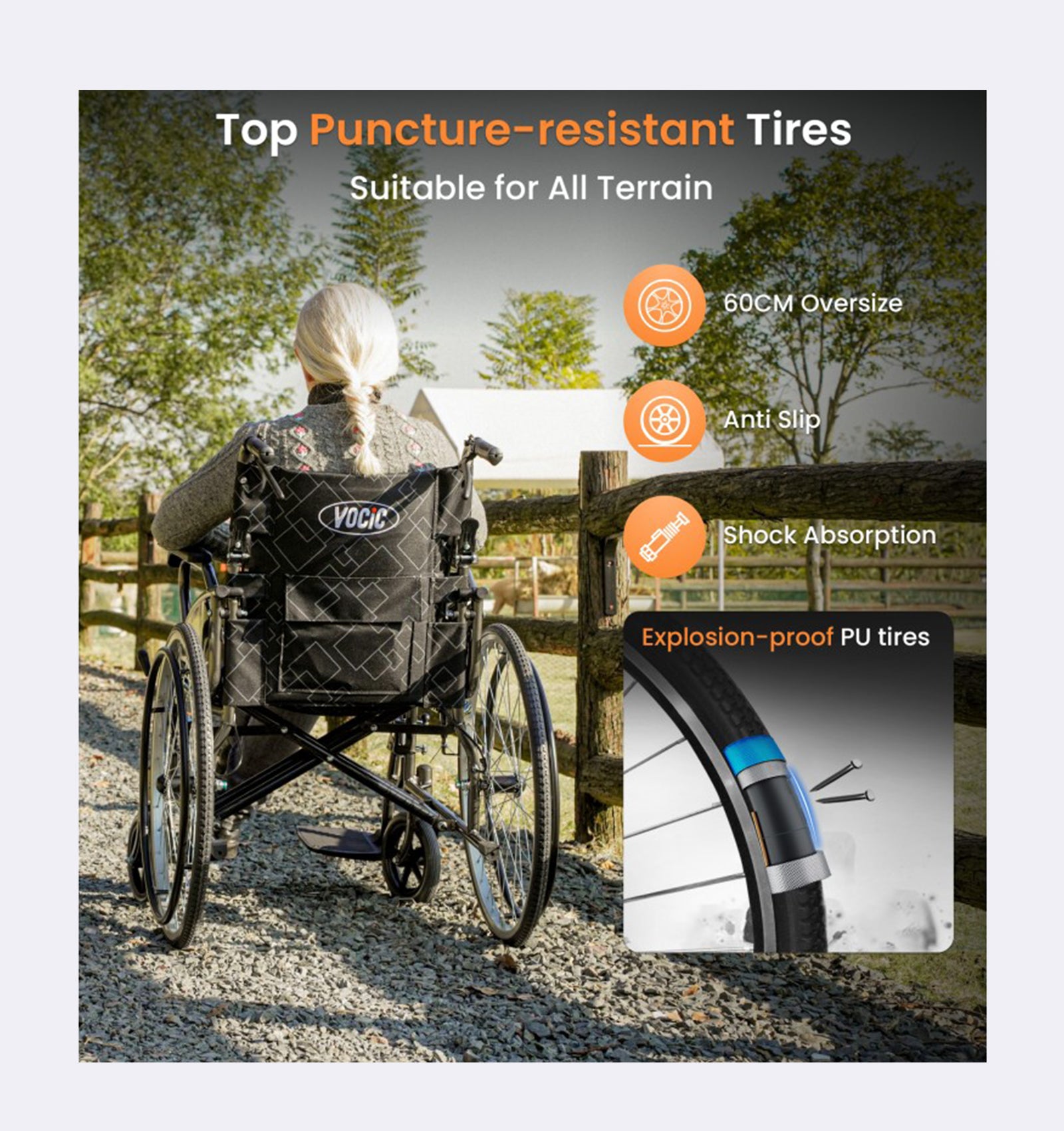 Person using a wheelchair with puncture-resistant tires on a scenic path, featuring product features.
