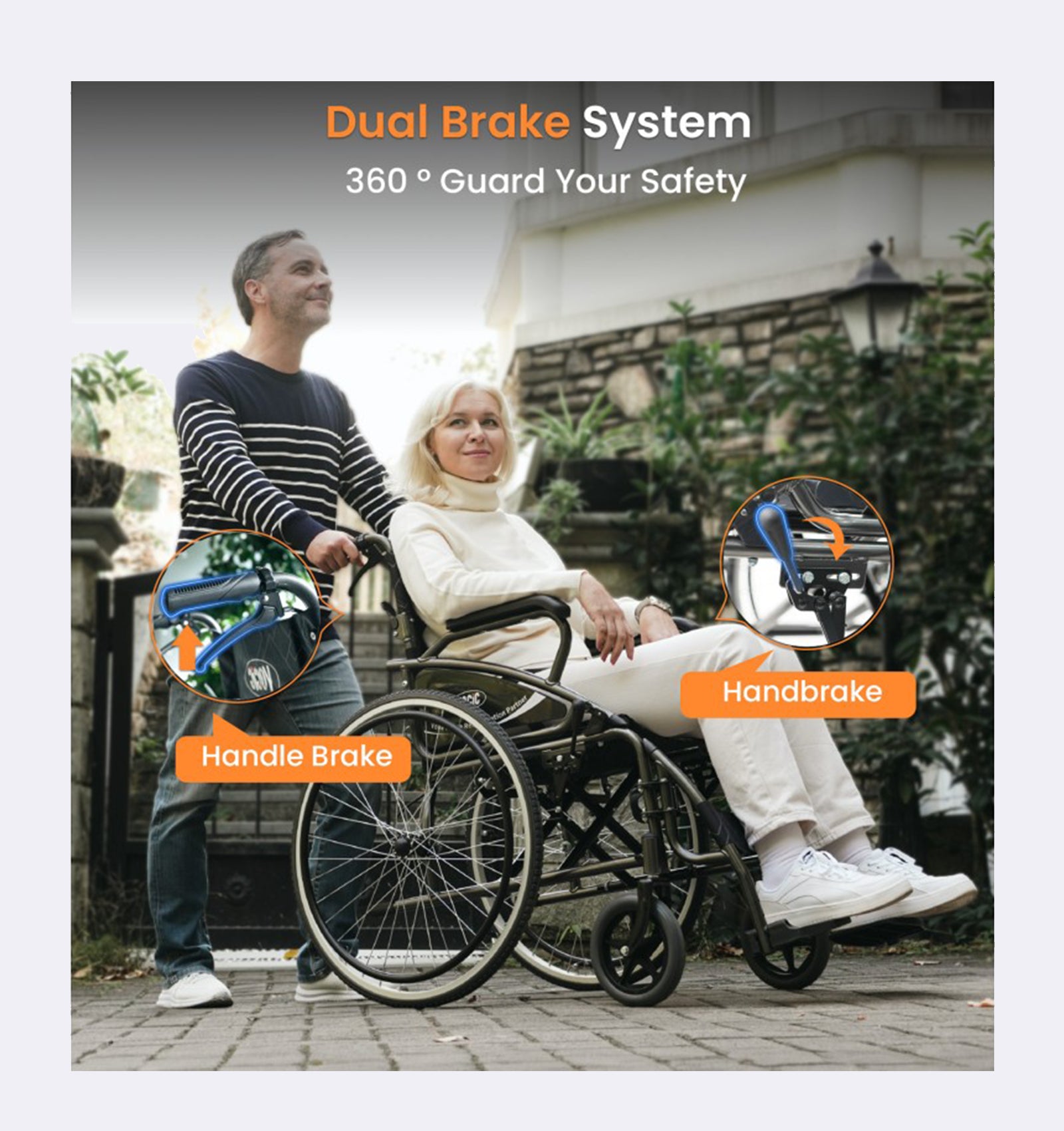 Person pushing a wheelchair with dual brake system features highlighted