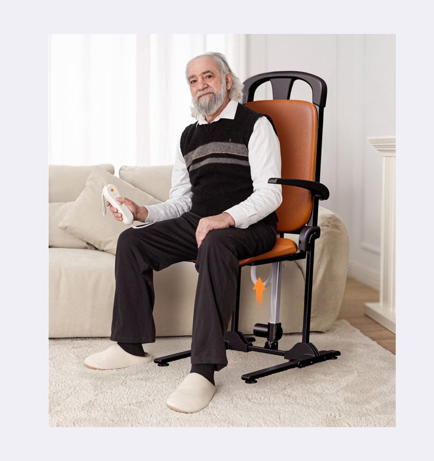 Man using a standing辅助device in a living room