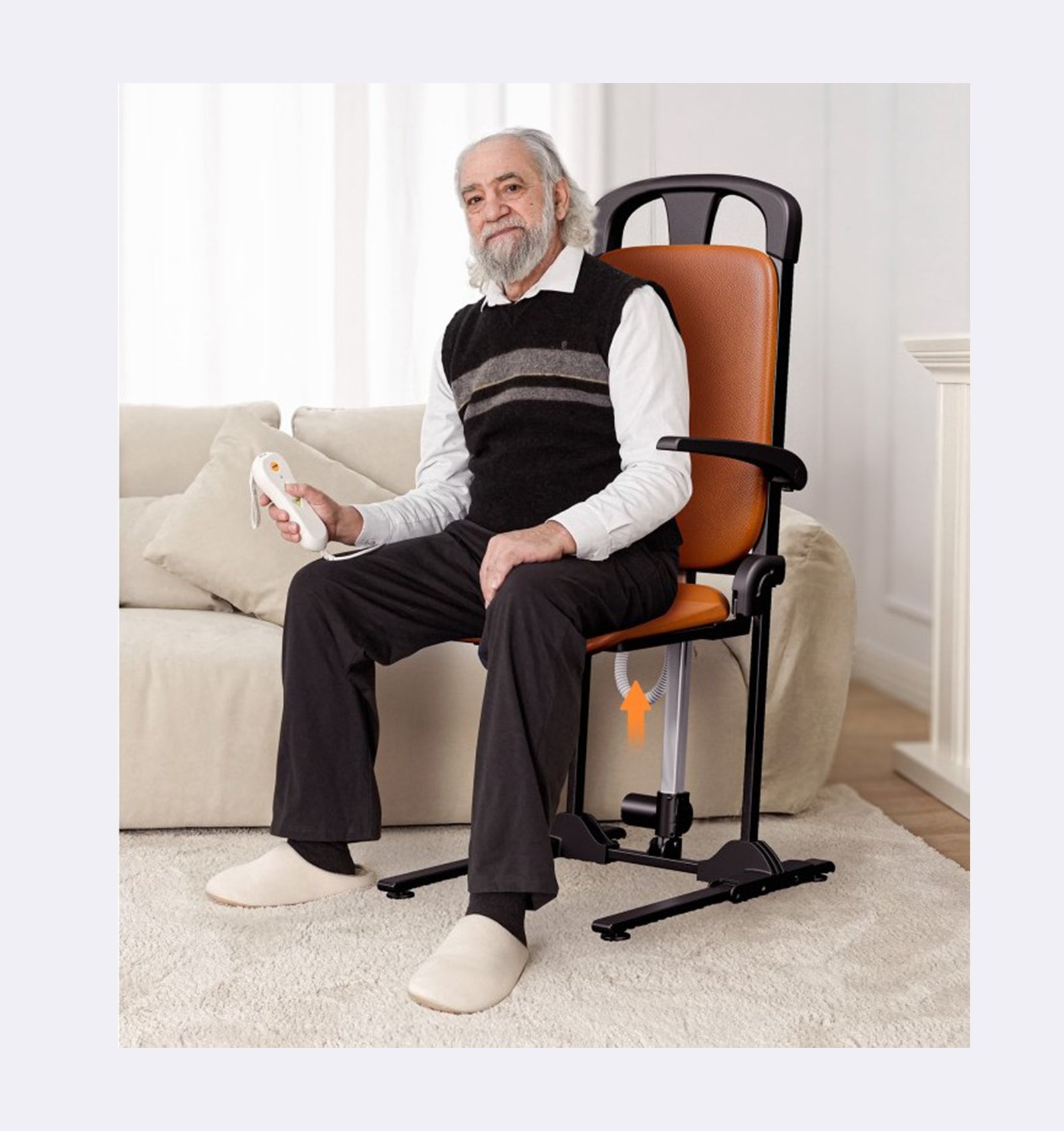 Man using a standing辅助device in a living room