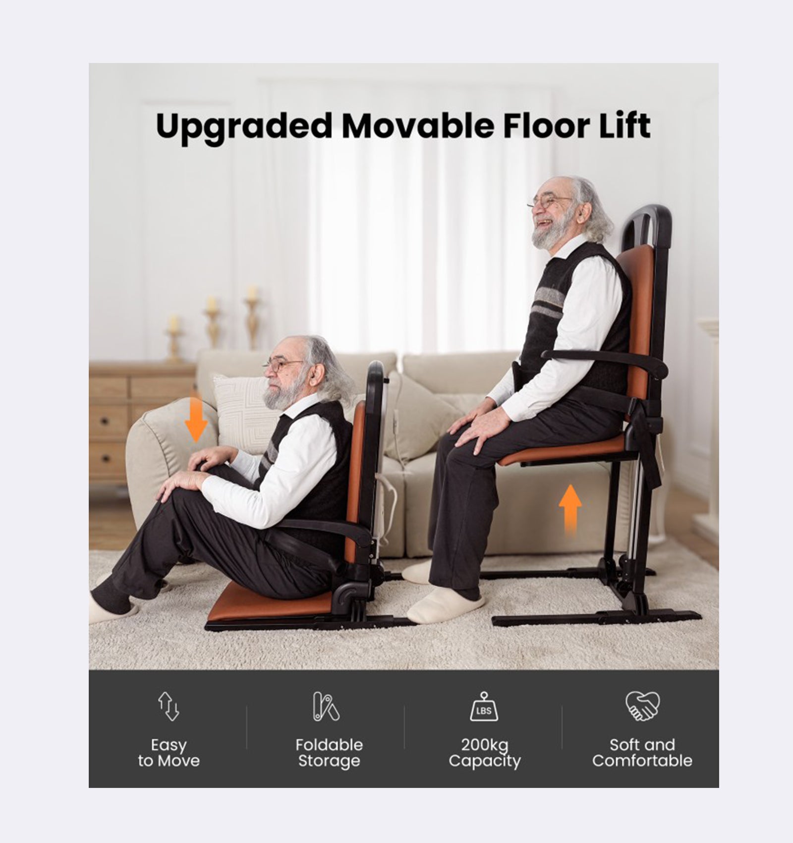 Upgraded movable floor lift being used by two people in a living room setting.