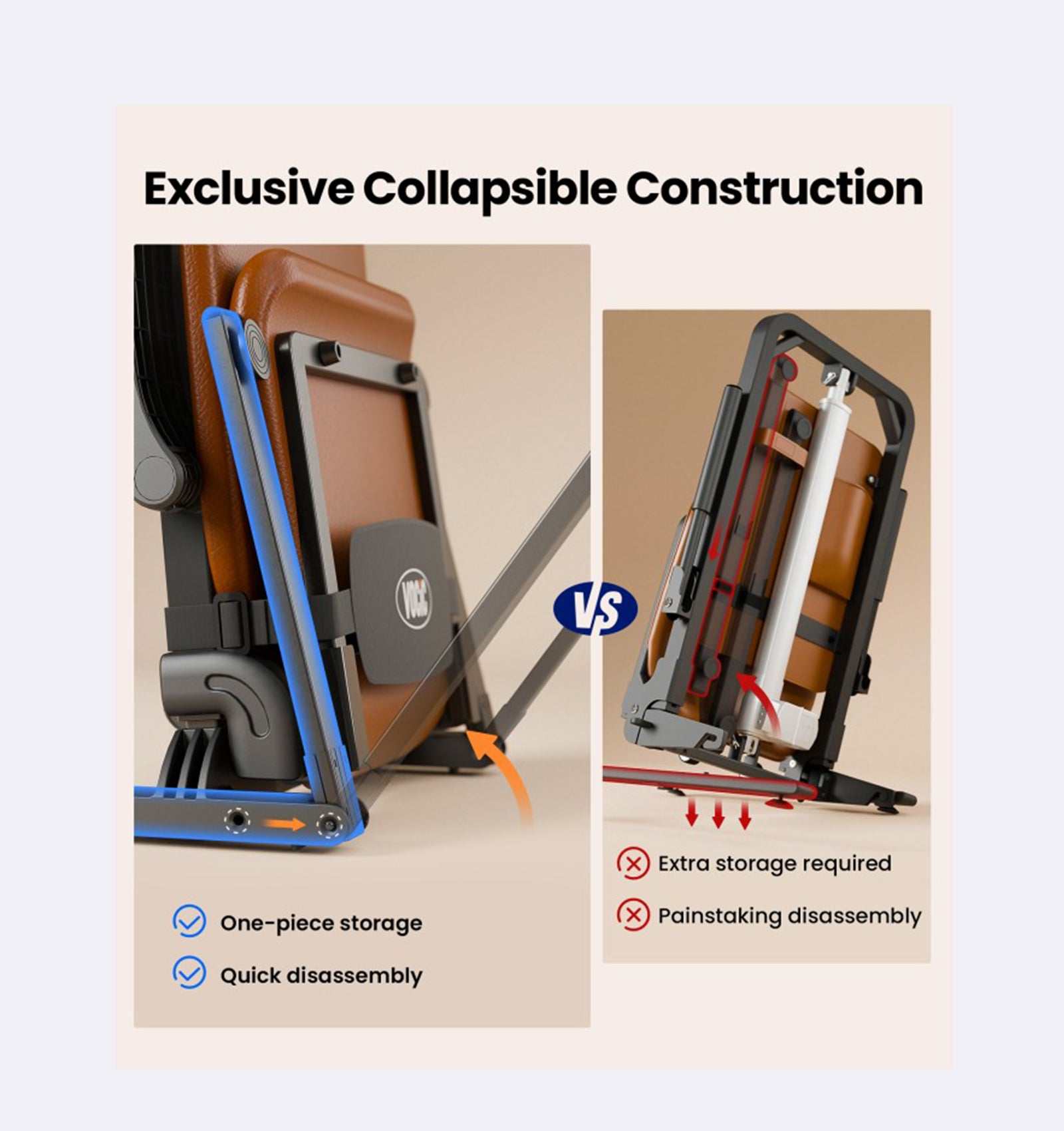 Comparison of exclusive collapsible construction with one-piece storage and quick disassembly features.
