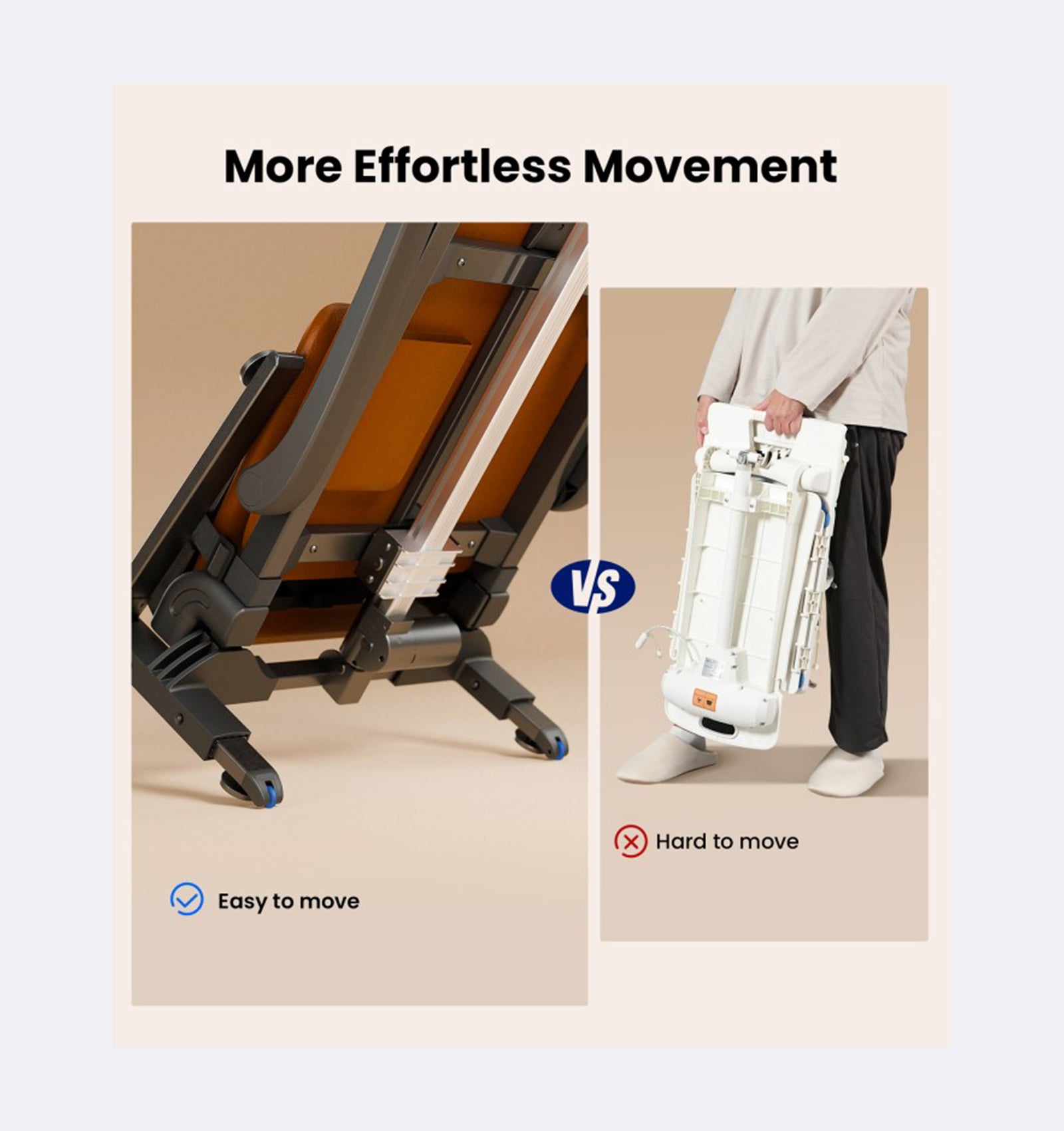 Comparison of a large piece of equipment being easy to move versus a smaller, more cumbersome one, with text 'More Effortless Movement' and 'Easy to move' vs 'Hard to move'.