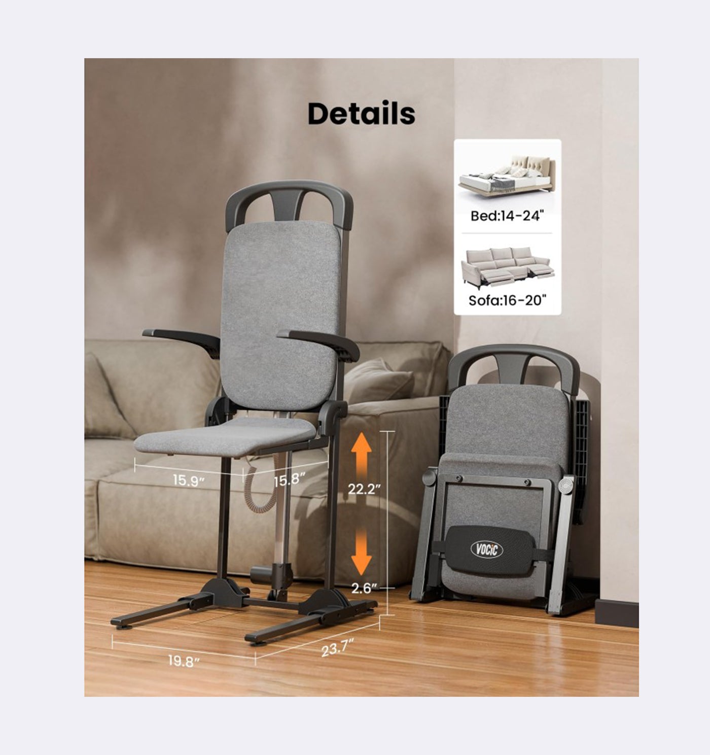 Gray adjustable chair with dimensions and usage details on a wooden floor.