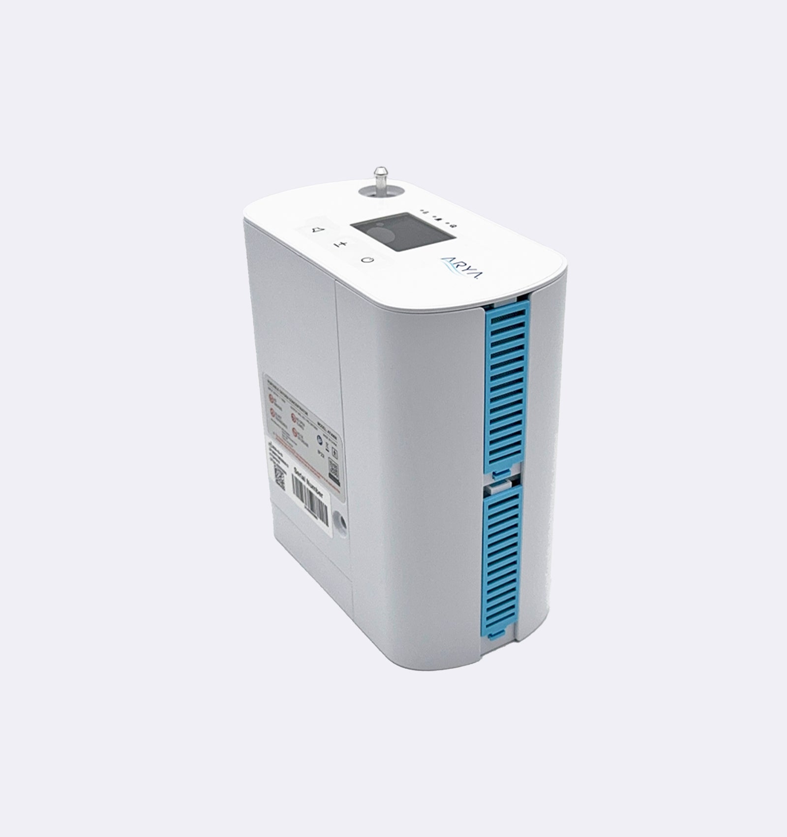 White and blue electronic device on a light gray background