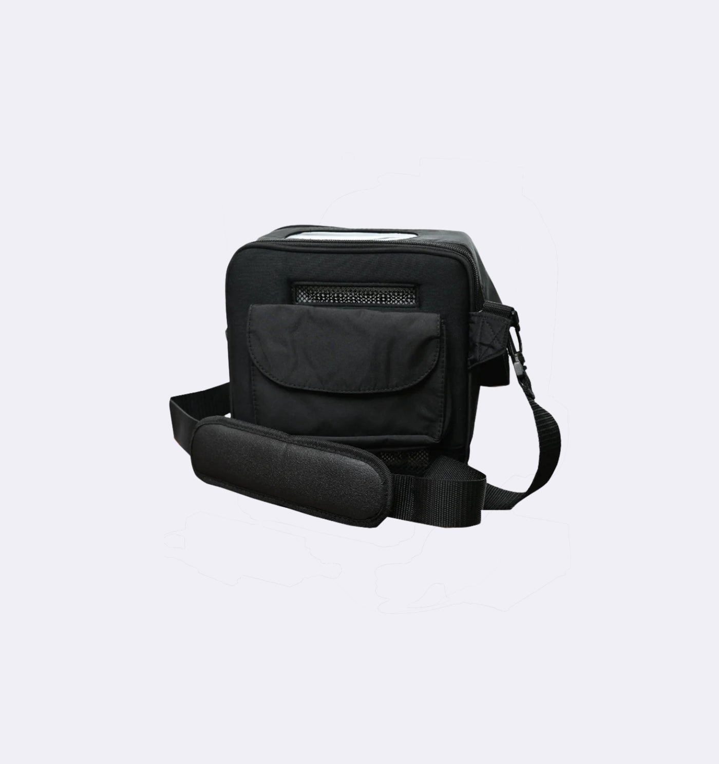 Black backpack on a light gray background
