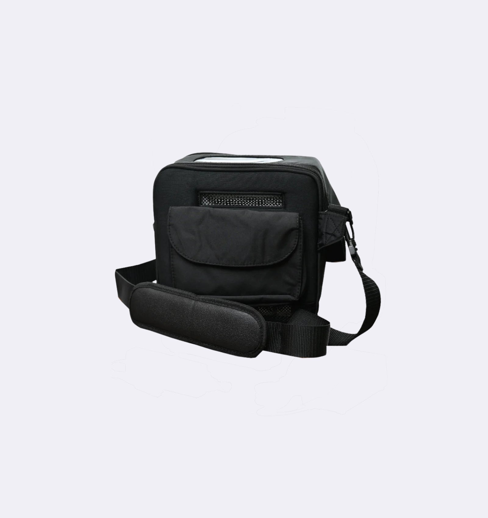 Black backpack on a light gray background