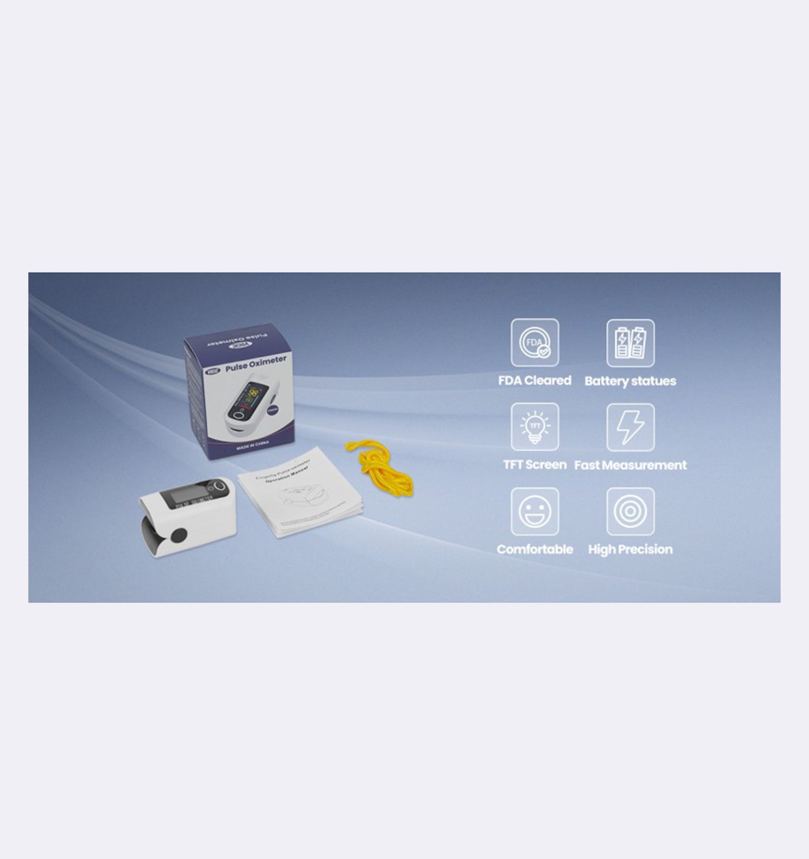Pulse oximeter with packaging and accessories on a gradient background