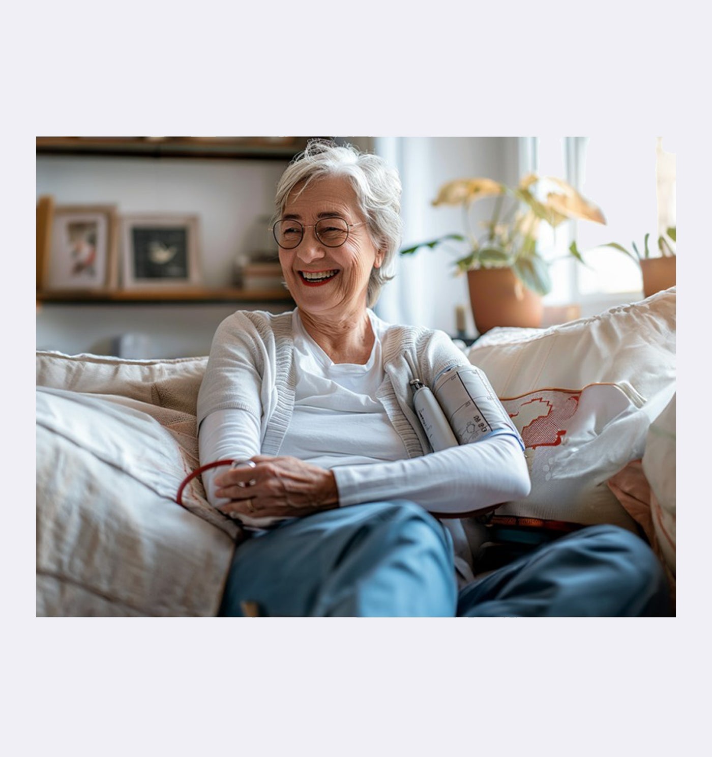 Senior woman sitting on a couch, holding a book and pen, with a warm indoor setting.