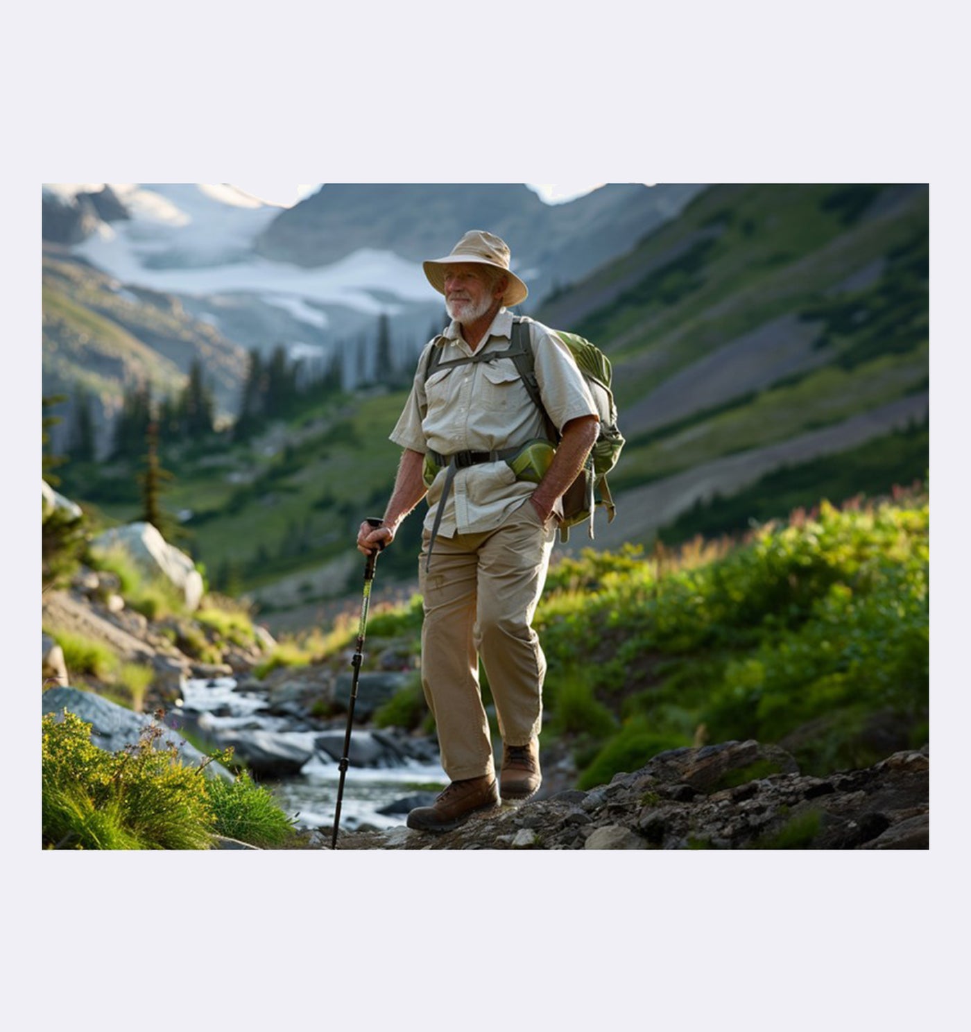 Man hiking in a mountainous landscape with a backpack and walking stick.