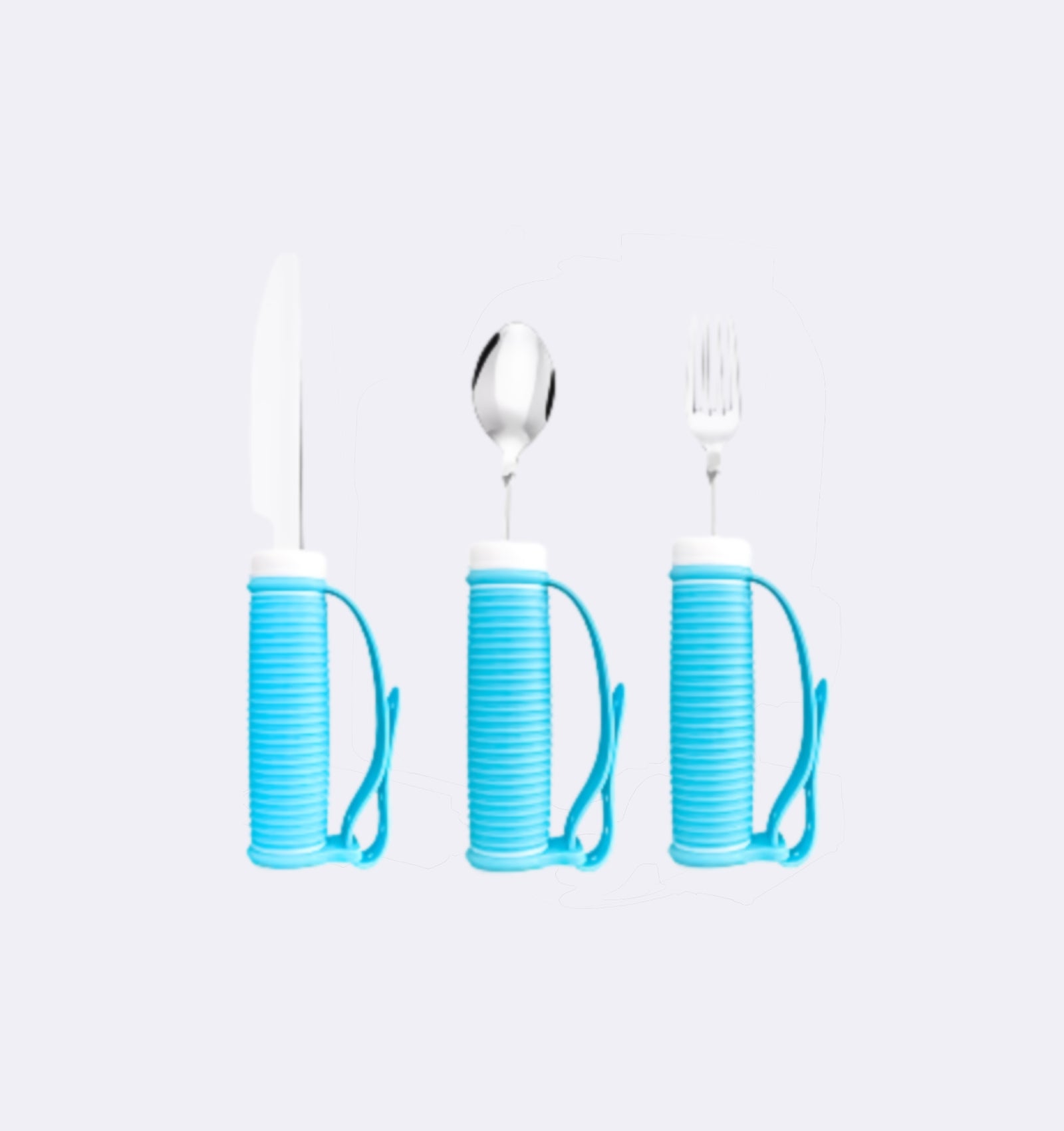 Set of three blue plastic utensil holders with a spoon, fork, and knife on a white background