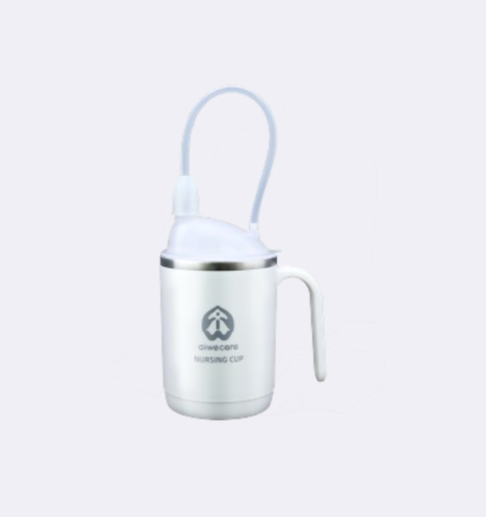 White baby bottle with a straw on a light gray background