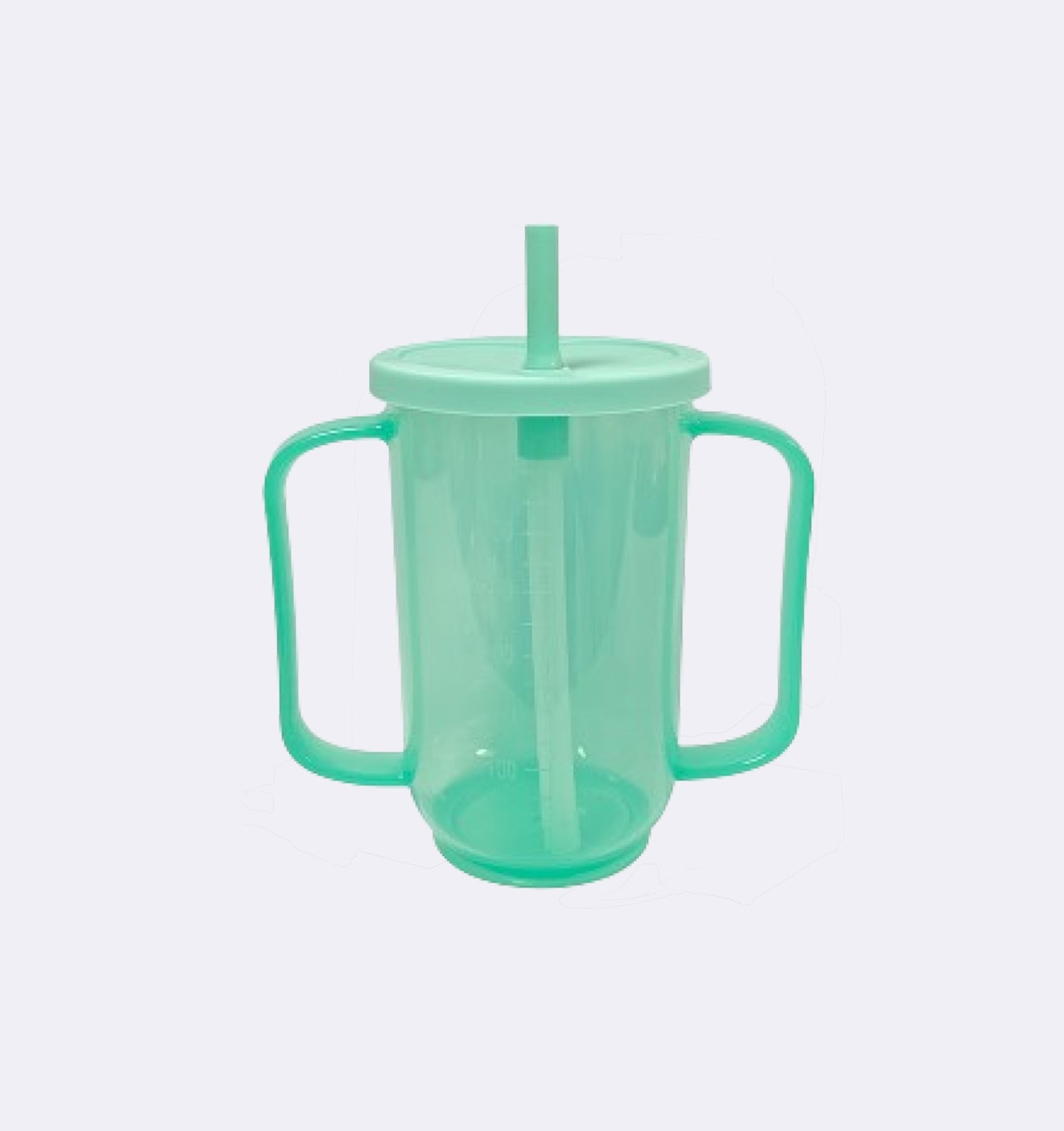 Mint green sippy cup with handles and a straw on a light gray background