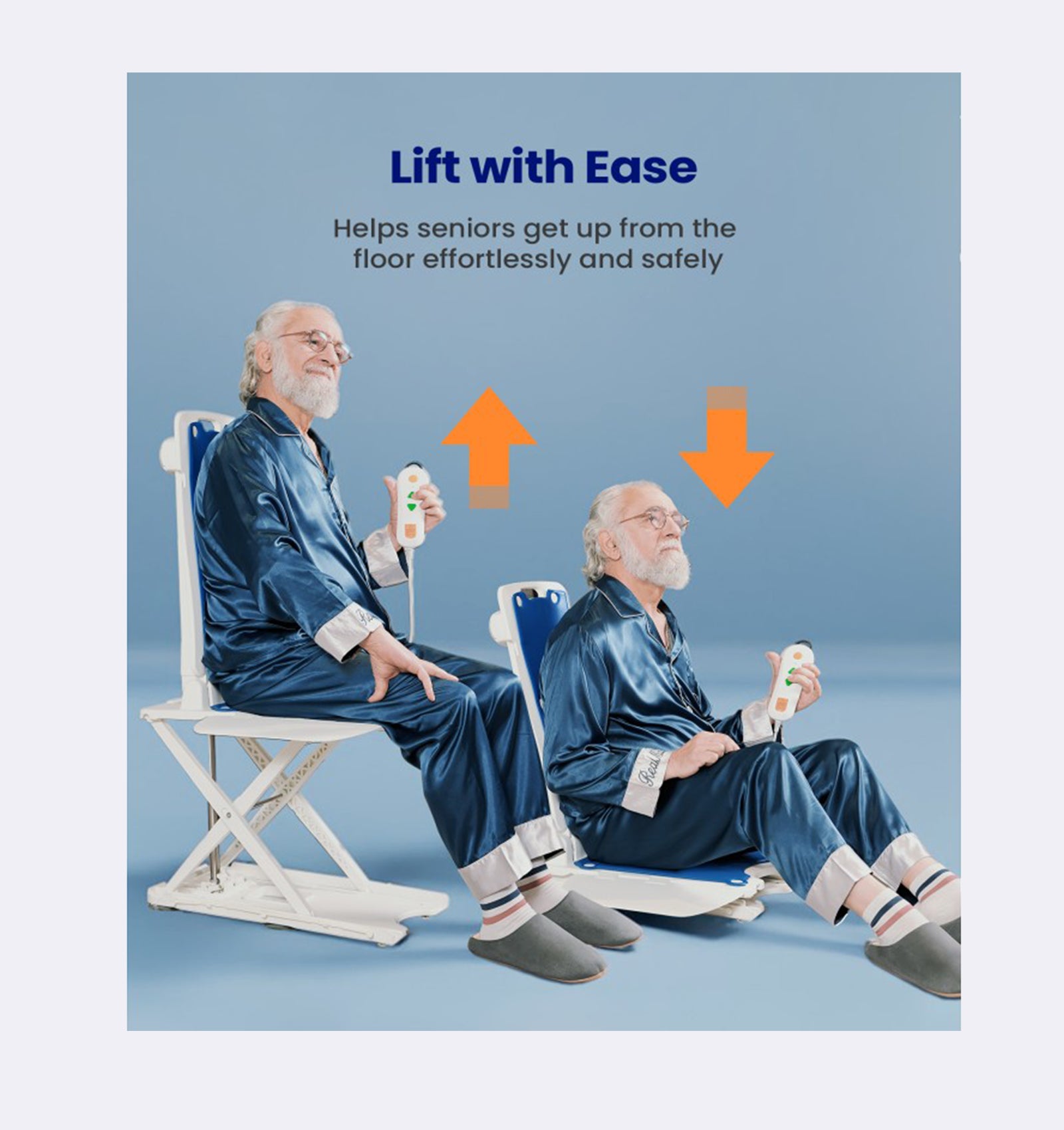 Two elderly men using a lift with ease product on a blue background