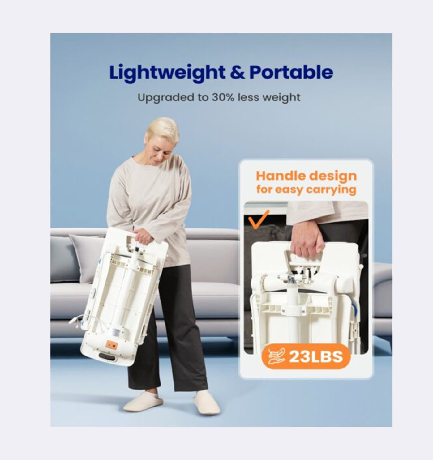 Person carrying a lightweight portable suitcase with text highlighting its features.
