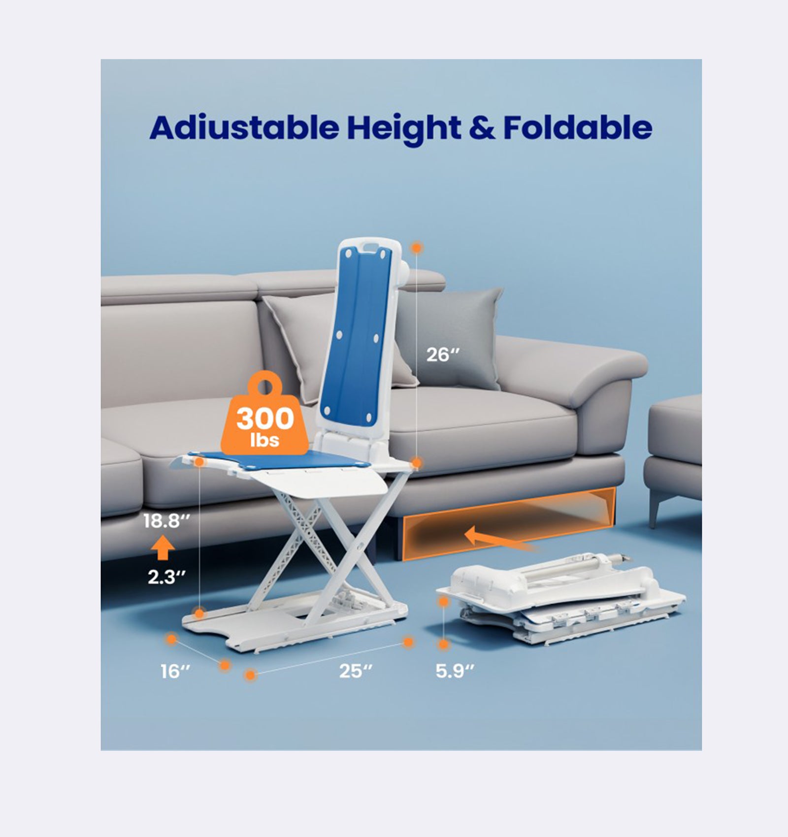 Foldable and adjustable height chair with measurements and weight capacity on a blue background