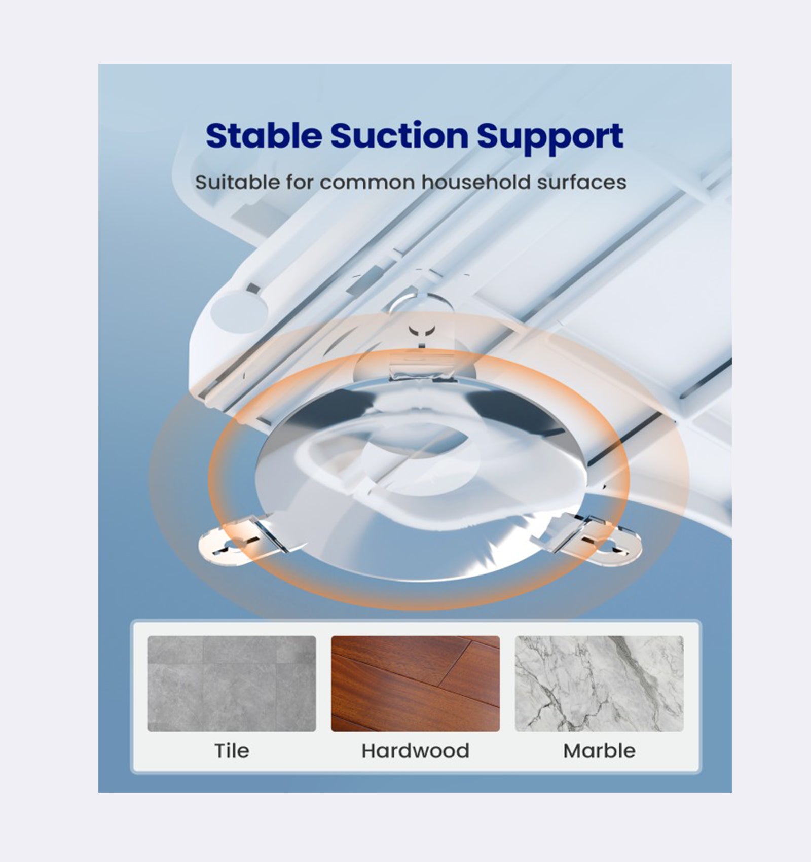 Stable suction support system with text and surface compatibility icons on a blue background