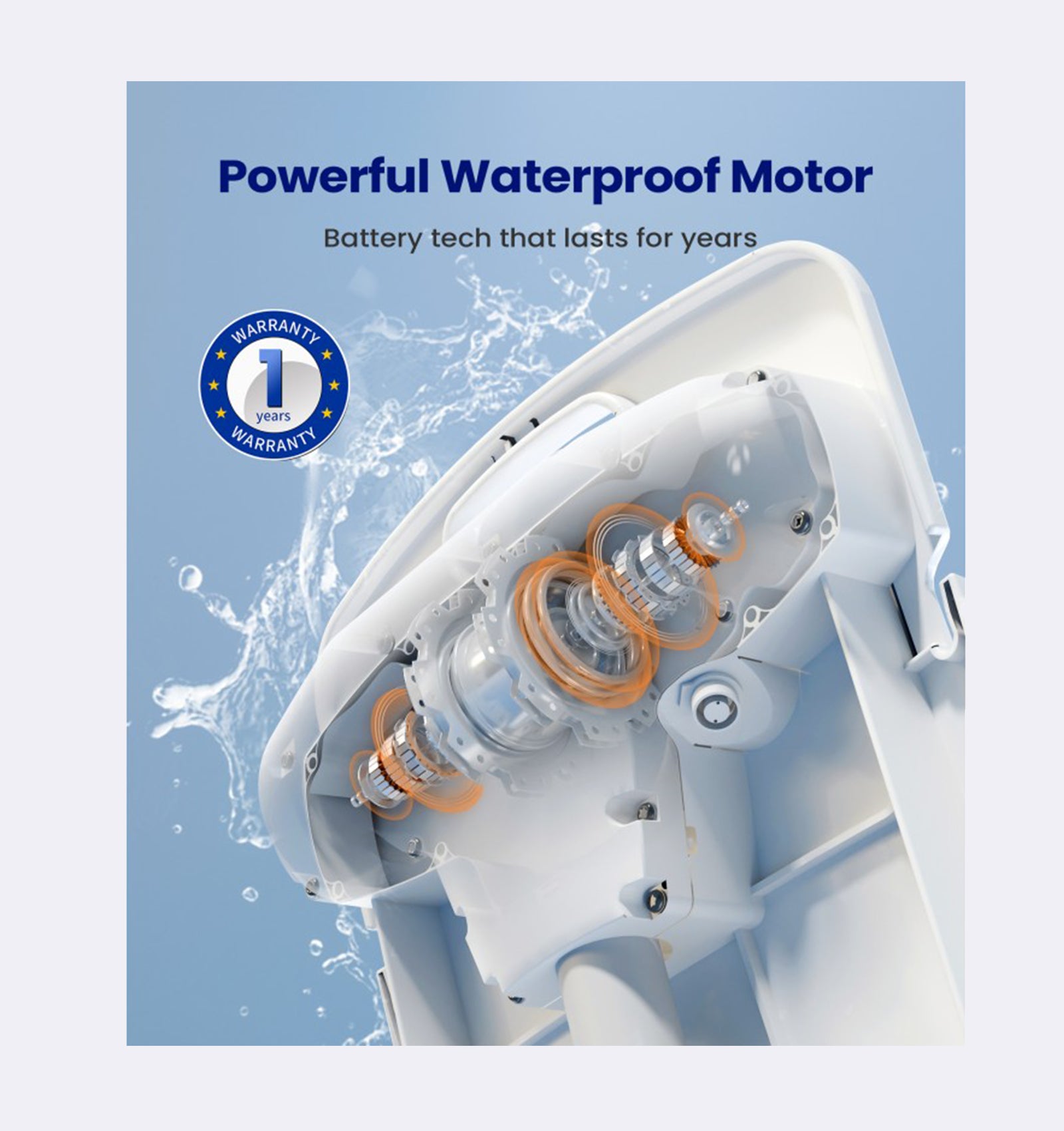 Powerful waterproof motor with water splashes on a blue background