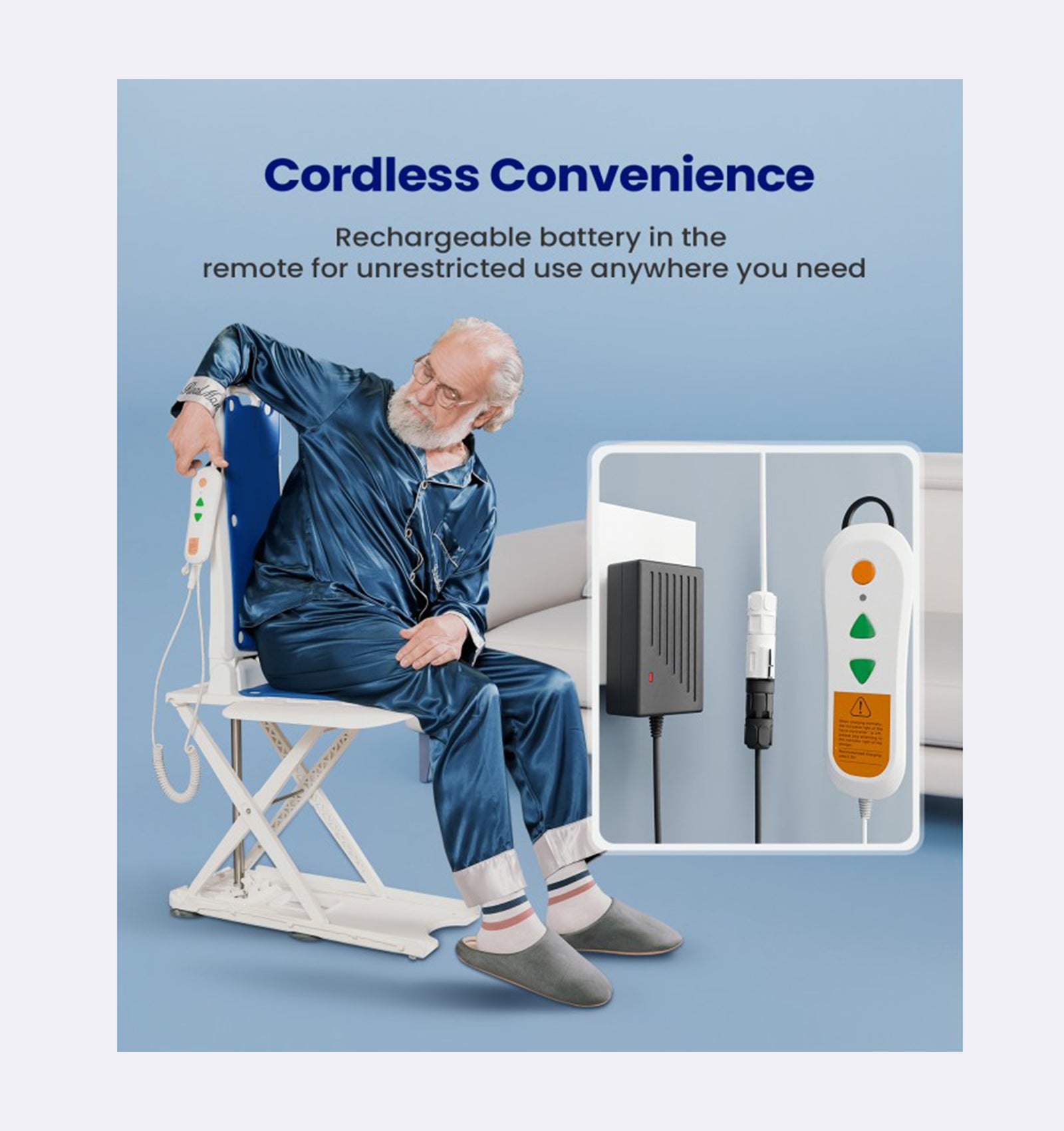 Man using a medical lift chair with text about cordless convenience and rechargeable battery.