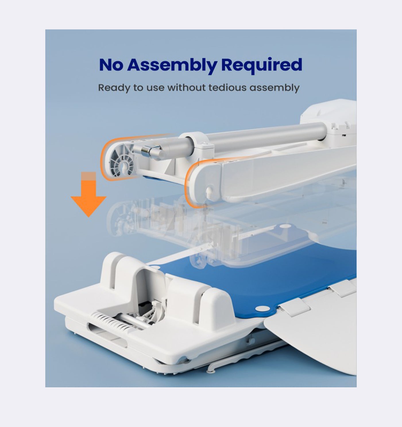 White kitchen slicer with text 'No Assembly Required' on a blue background
