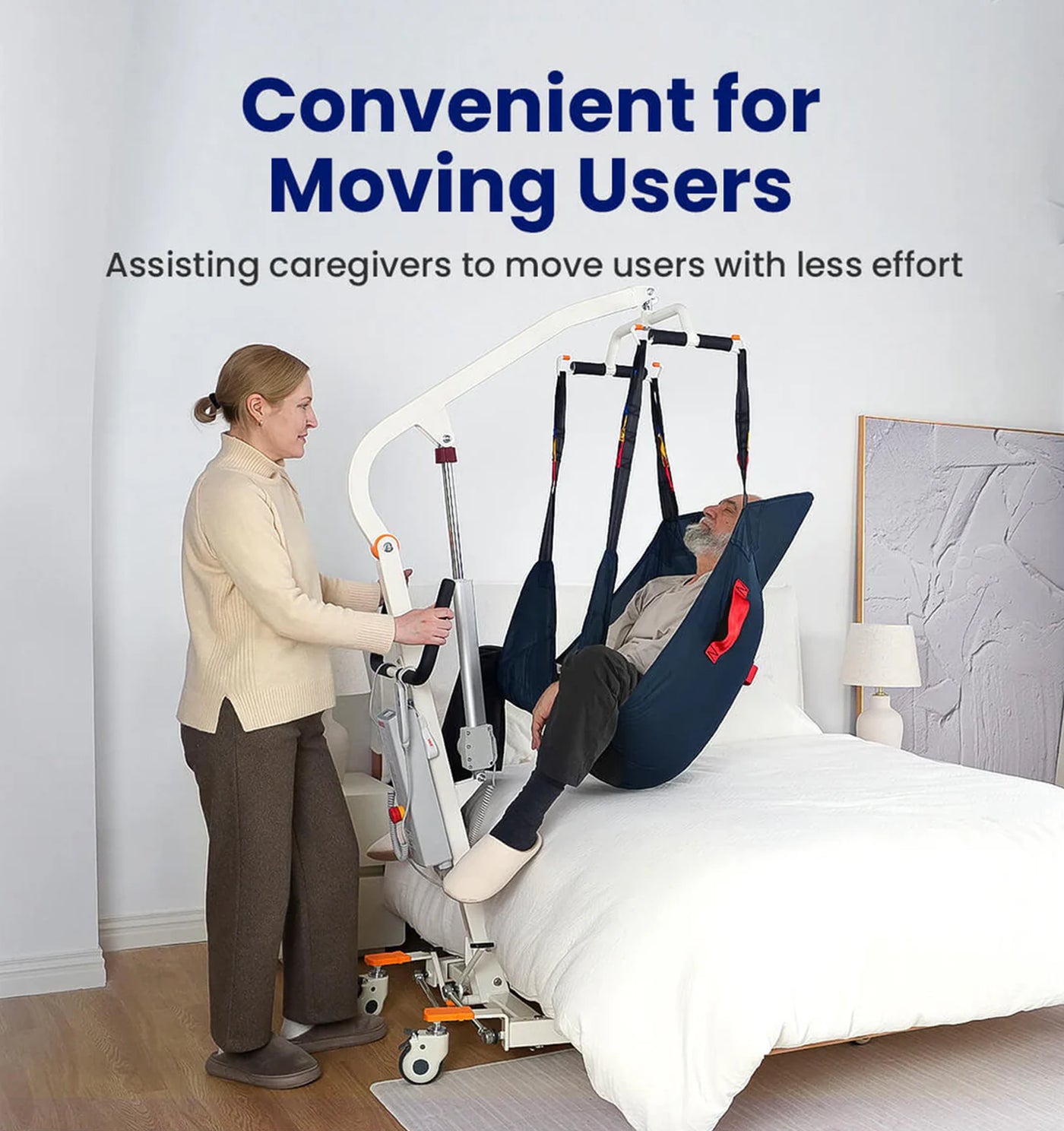 Person using a medical lift to assist an elderly person into a bed, with text highlighting convenience for caregivers.