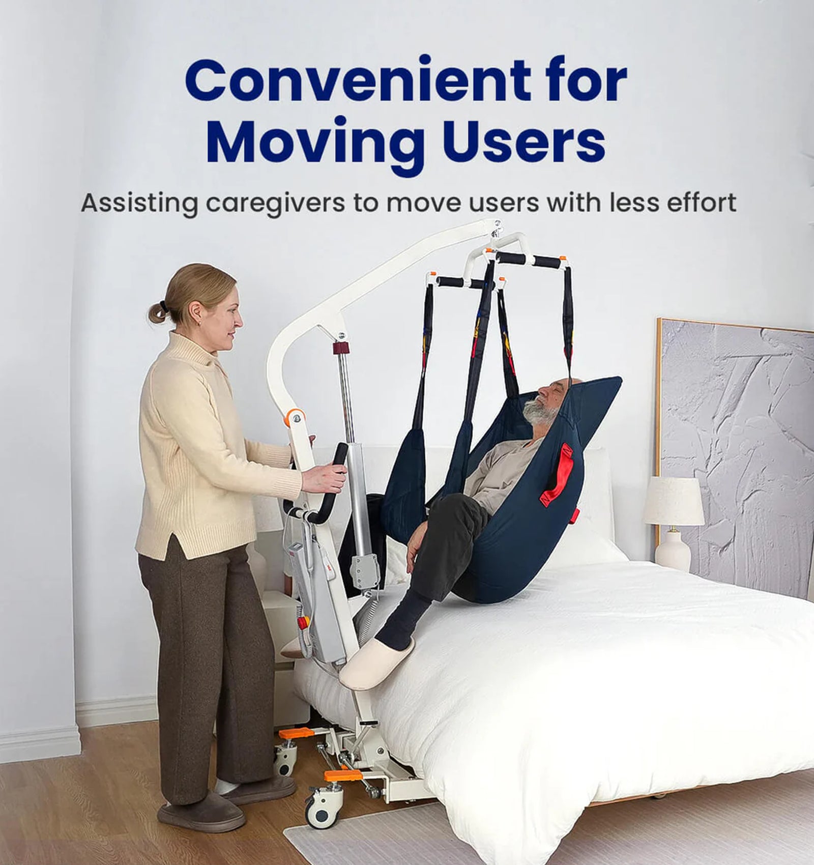 Person using a medical lift to assist an elderly person into a bed, with text highlighting convenience for caregivers.