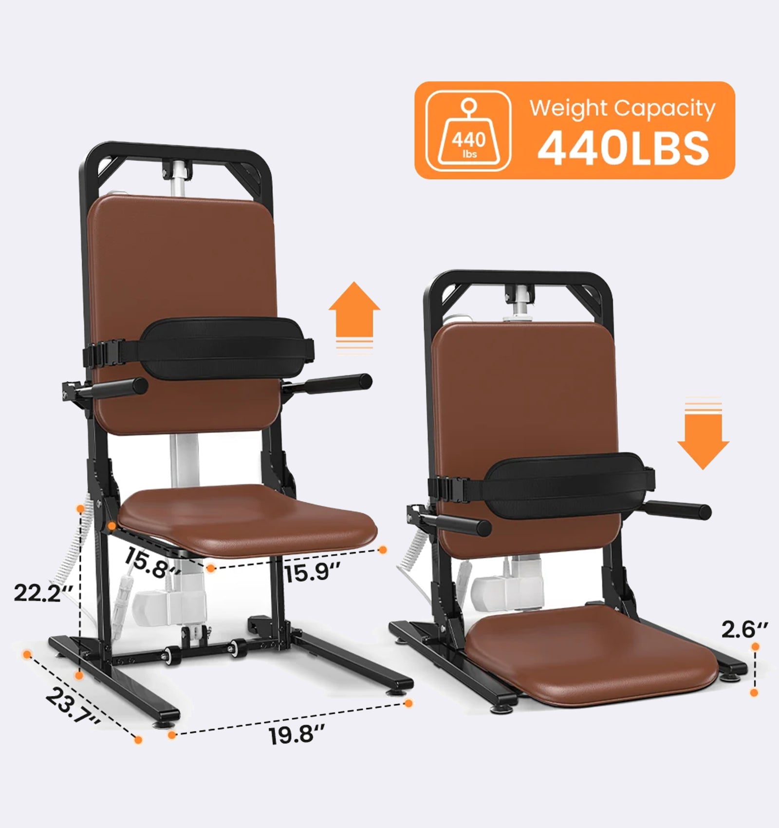 Brown exercise chair with black frame and weight capacity indicator on a white background