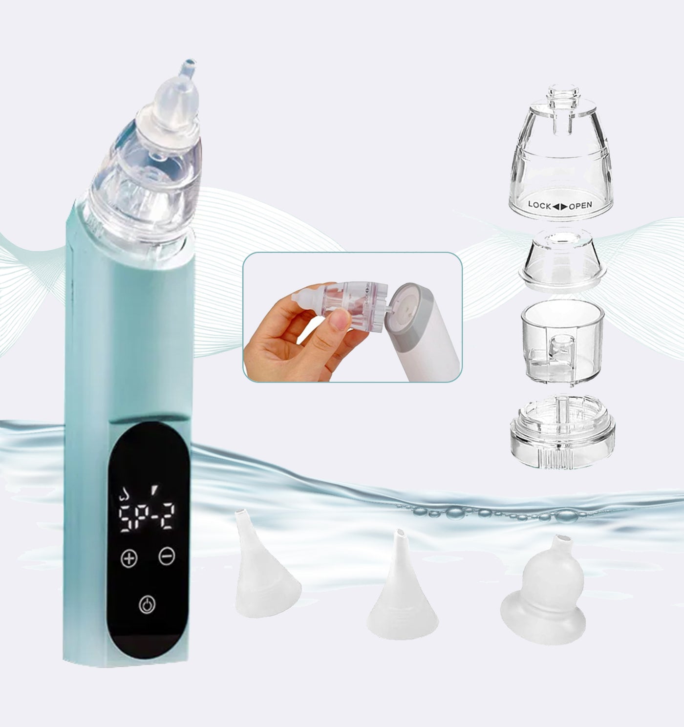 Electronic ear cleaning device with attachments on a white background
