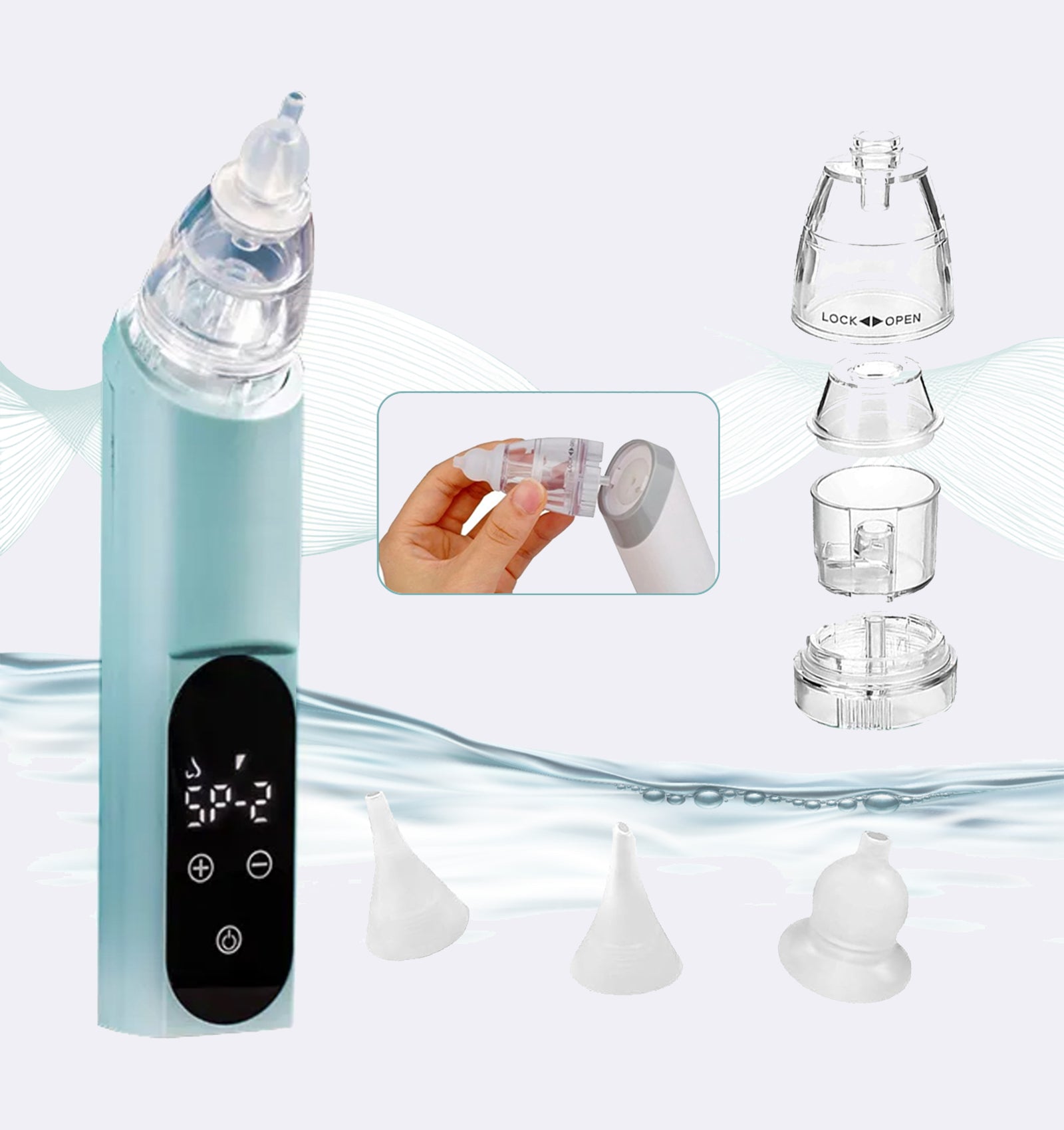Electronic ear cleaning device with attachments on a white background