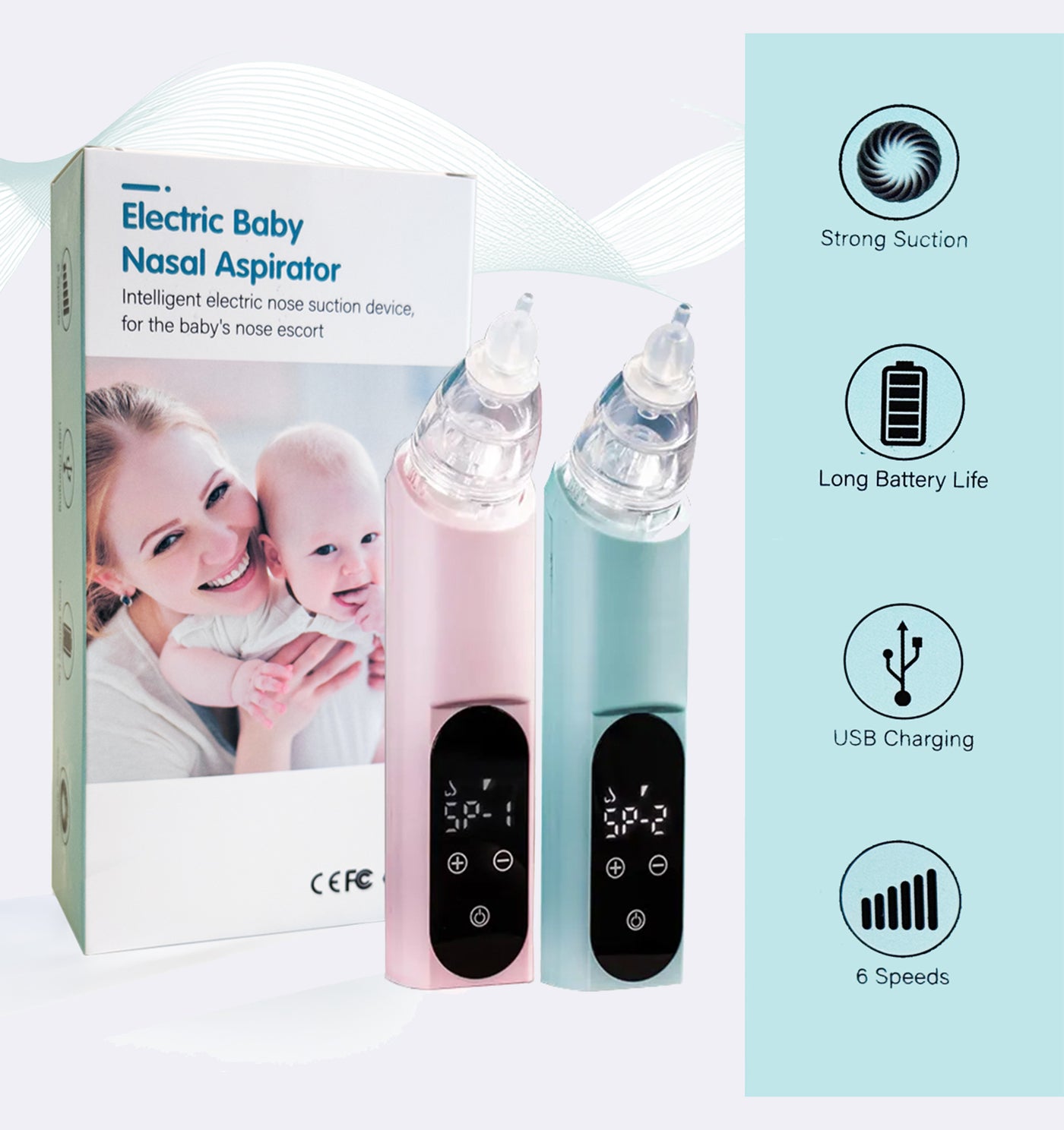 Electric baby nasal aspirator with packaging and features displayed.